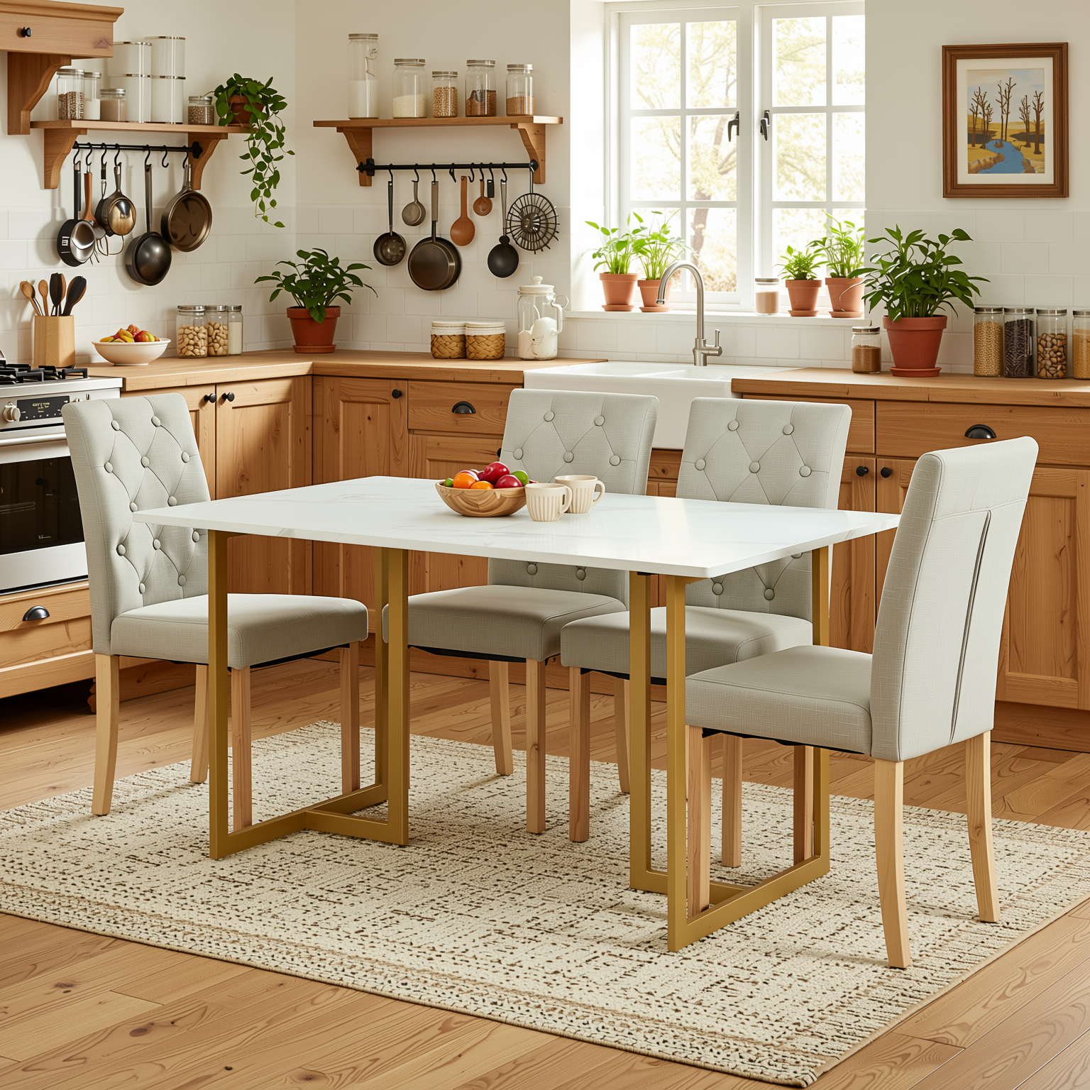 Homy Casa Slip 5PC White Marble Dining Set 55” Table with Gold Metal Base and 4 Douro Grey Fabric Chairs