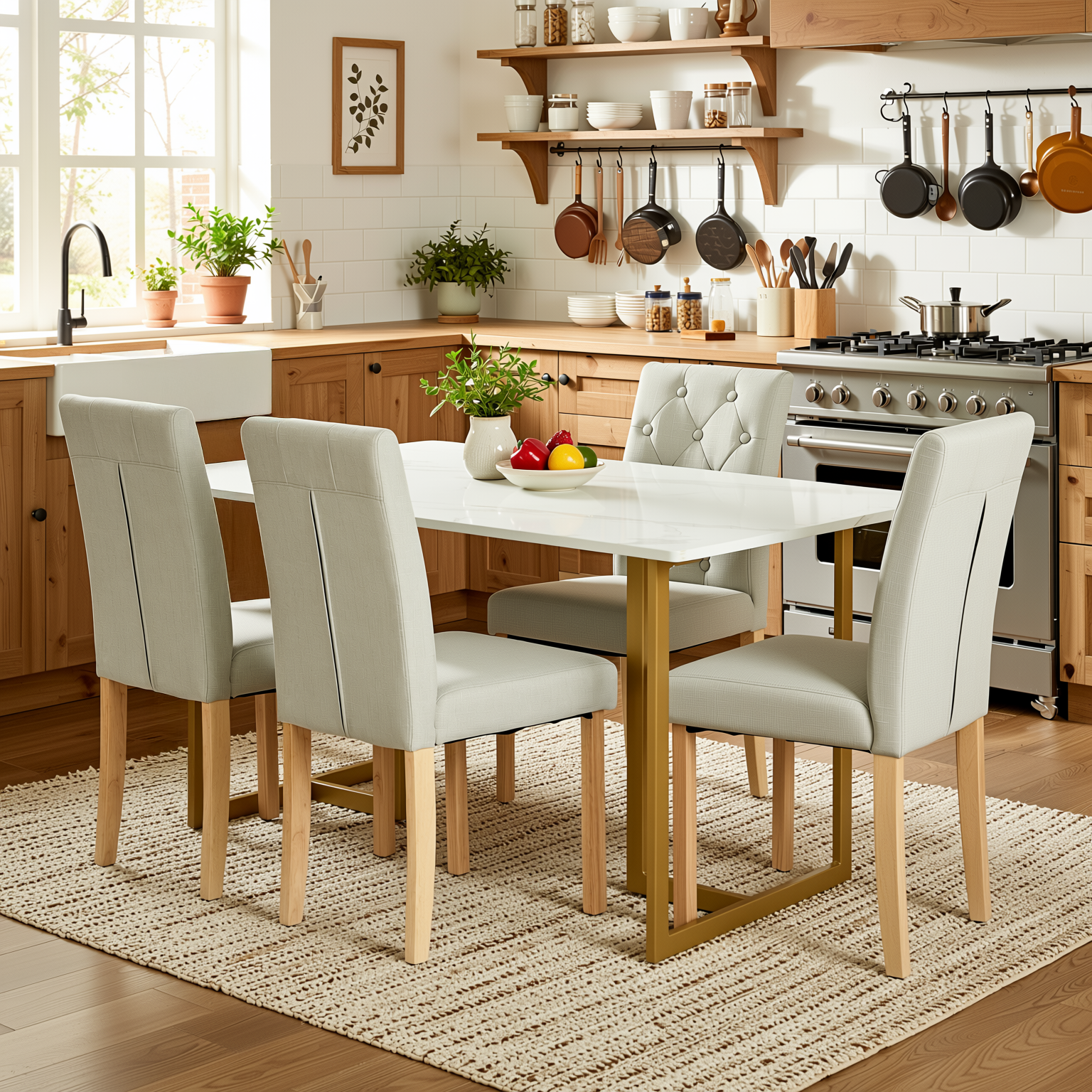 Homy Casa Slip 5PC White Marble Dining Set 55” Table with Gold Metal Base and 4 Douro Grey Fabric Chairs