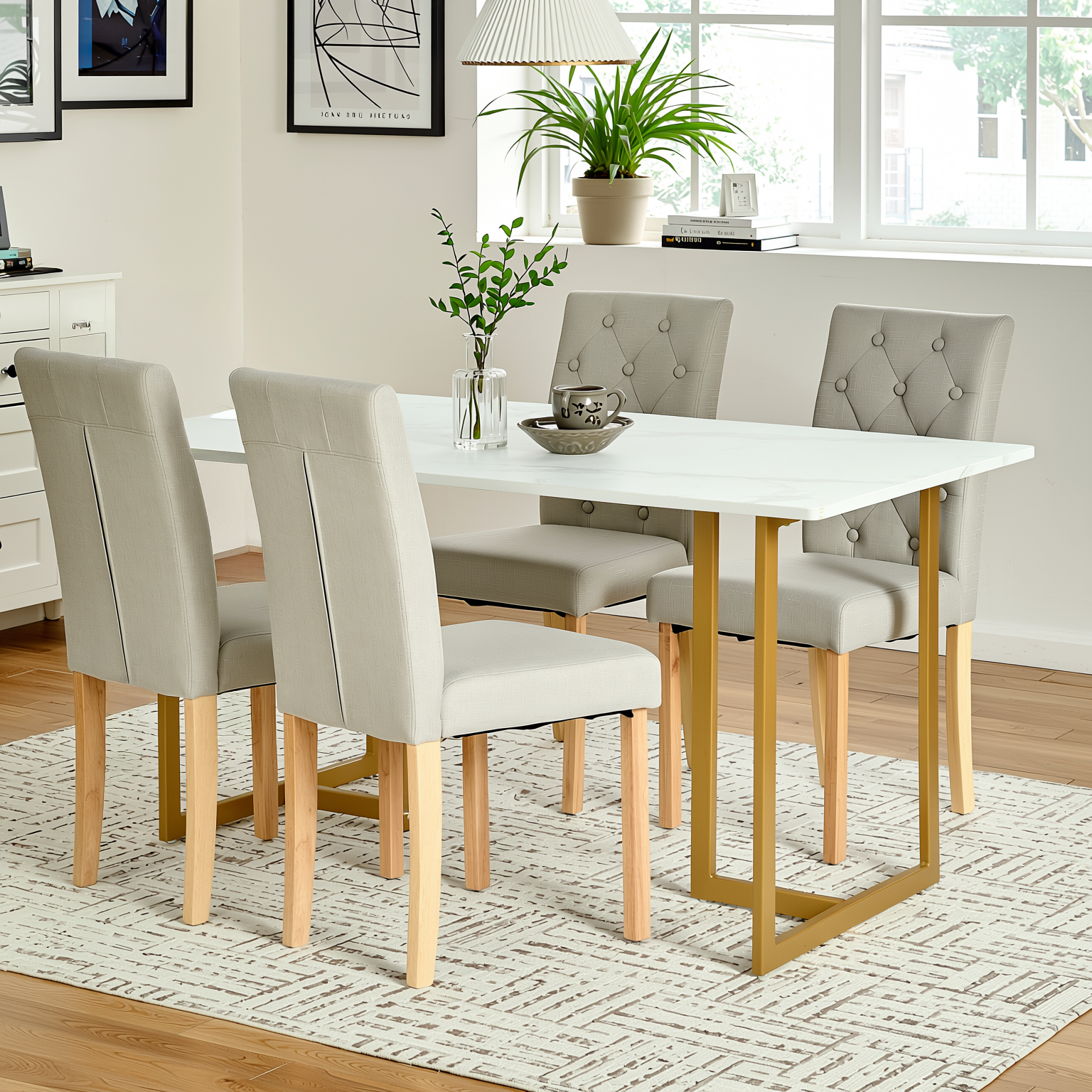 Homy Casa Slip+Douro 5PC Dining Set 55.1'' Table with Tufted Dining Chairs for Kitchen and Dining Room
