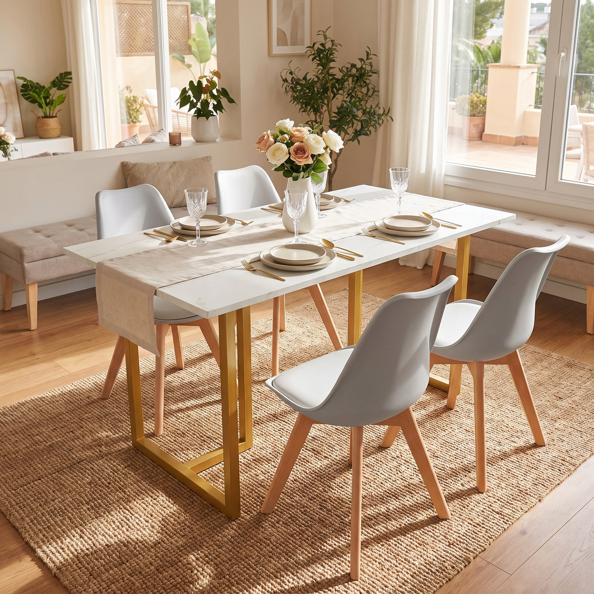 Homy Casa SLIP+FRANKFURT 5PC Dining Set 55" White Marble Table with 4 Frankfurt White Chairs Gold Legs Open Box