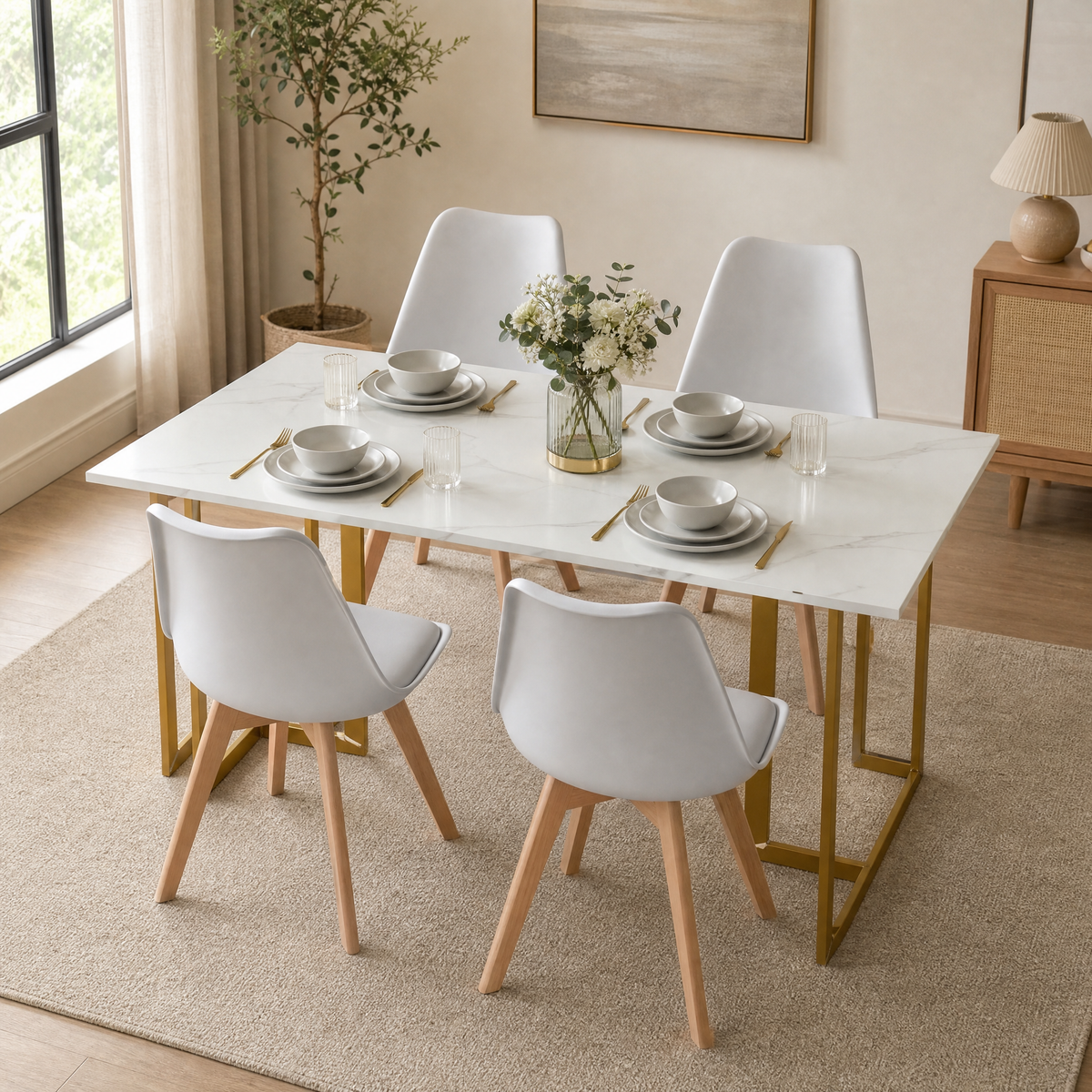 Homy Casa SLIP+FRANKFURT 5PC Dining Set 55" White Marble Table with 4 Frankfurt White Chairs Gold Legs Open Box