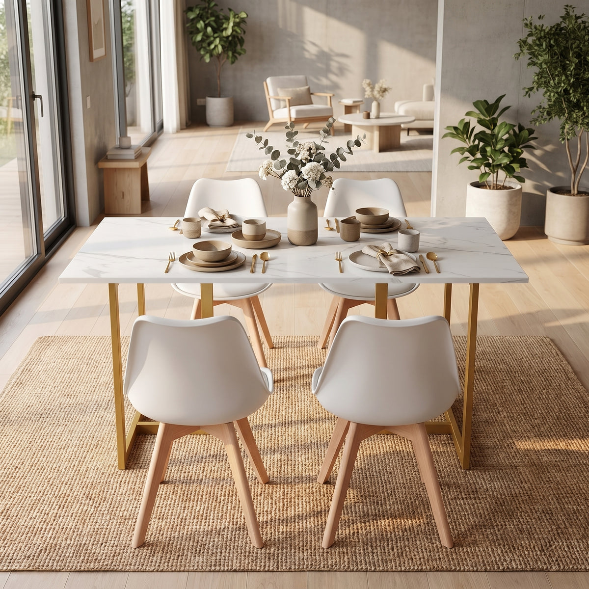 Homy Casa SLIP+FRANKFURT 5PC Dining Set 55" White Marble Table with 4 Frankfurt White Chairs Gold Legs Open Box