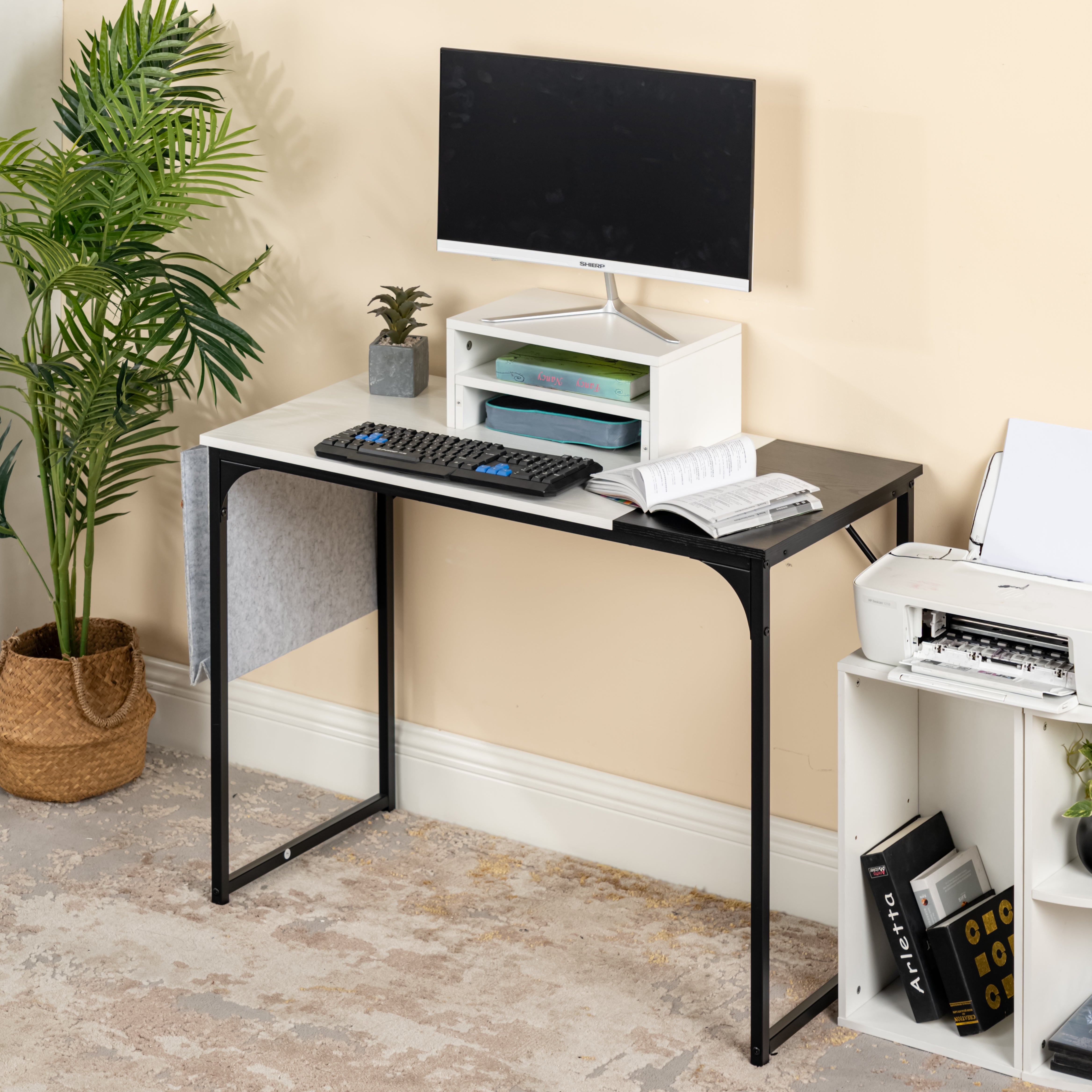 Sman Nesting Monitor Stand Set of 2, Space-Saving Desk Organizer with Stackable Dual Shelf Design, White