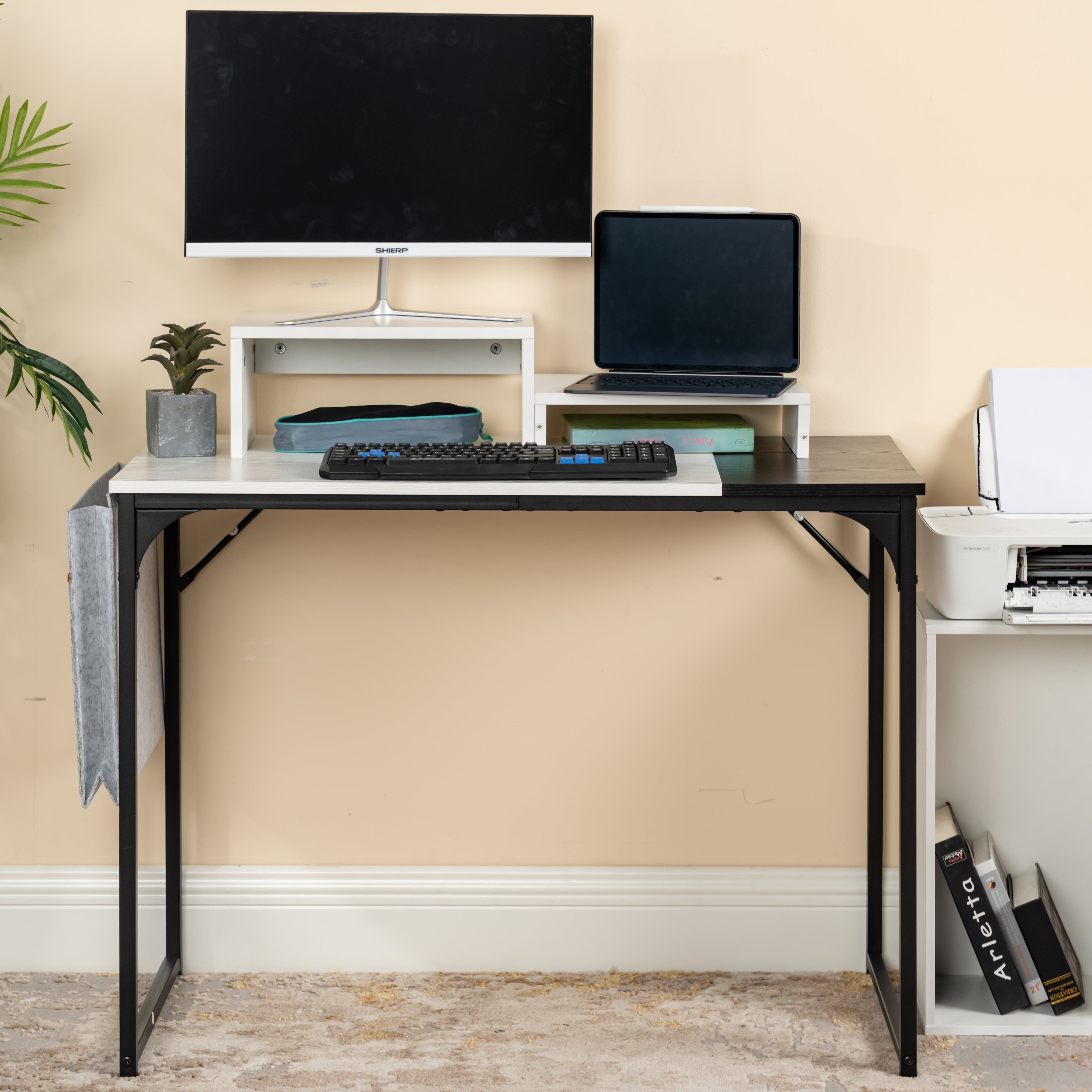 Sman Nesting Monitor Stand Set of 2, Space-Saving Desk Organizer with Stackable Dual Shelf Design, White