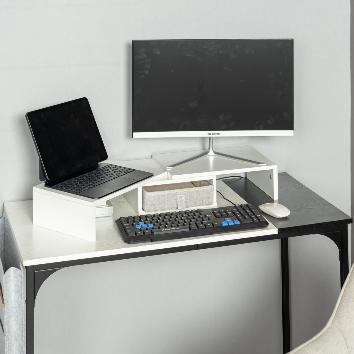 Homy Casa Sman 3PC Modular Monitor Stand Set, Expandable Desk Organizer with Storage Shelf, Adjustable Length Space-Saving Design, White