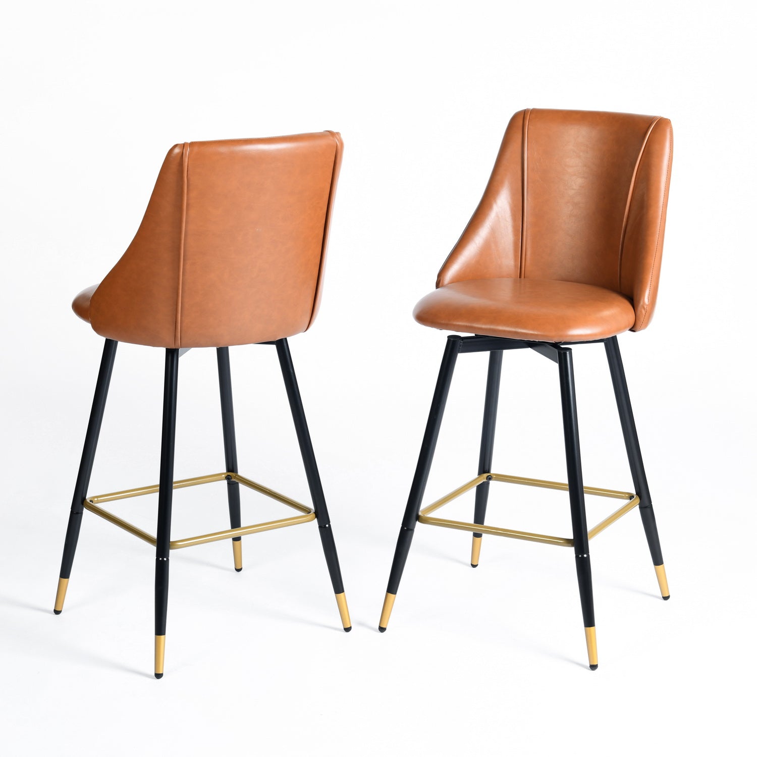 Homy Casa SMEG 2PC Counter Cognac PU Swivel Barstool with Black & Gold Legs, Brown