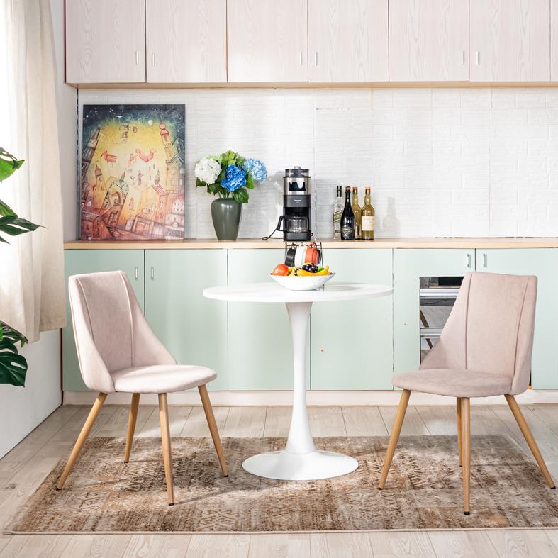 Homy Casa Clift 3PC Dining Set, 31.5” White Round Table with 2 SMEG High Back Upholstered Dining Chair in Beige Fabric
