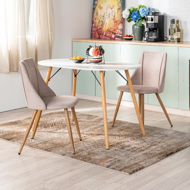 Homy Casa Clift 3PC Dining Set, 31.5” White Round Table with 2 SMEG High Back Upholstered Dining Chair in Beige Fabric
