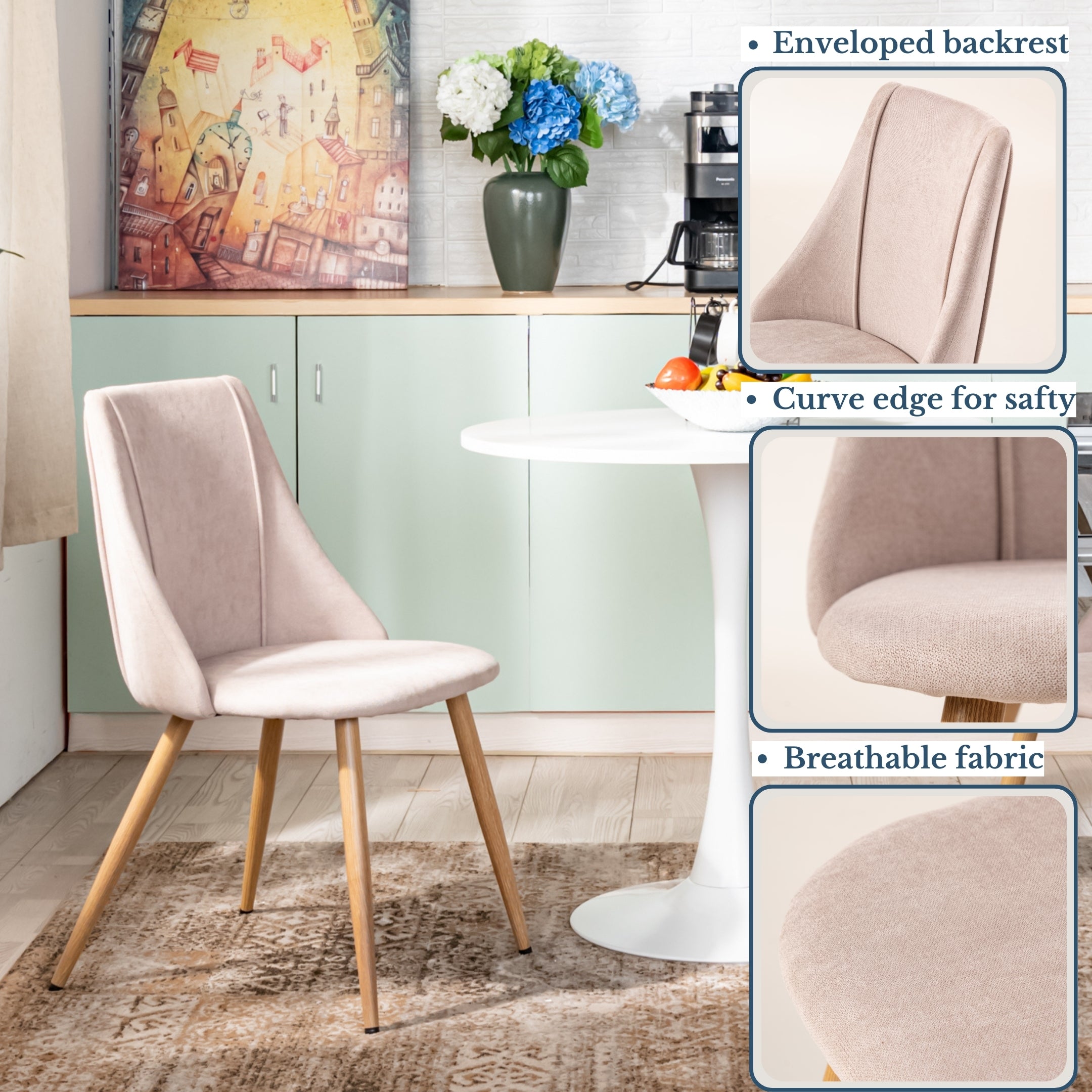 Homy Casa Clift 3PC Dining Set, 31.5” White Round Table with 2 SMEG High Back Upholstered Dining Chair in Beige Fabric