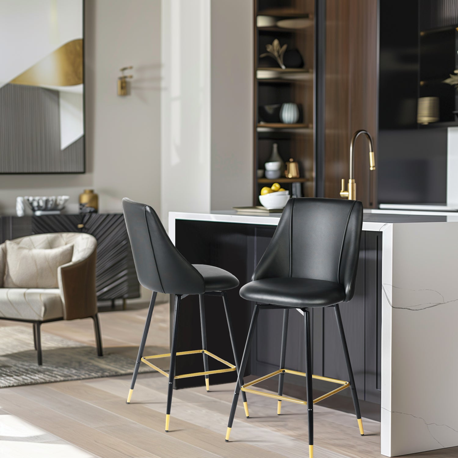 Homy Casa SMEG 2PC 27” Swivel Counter Barstool, Black PU Leather with Black & Gold Legs