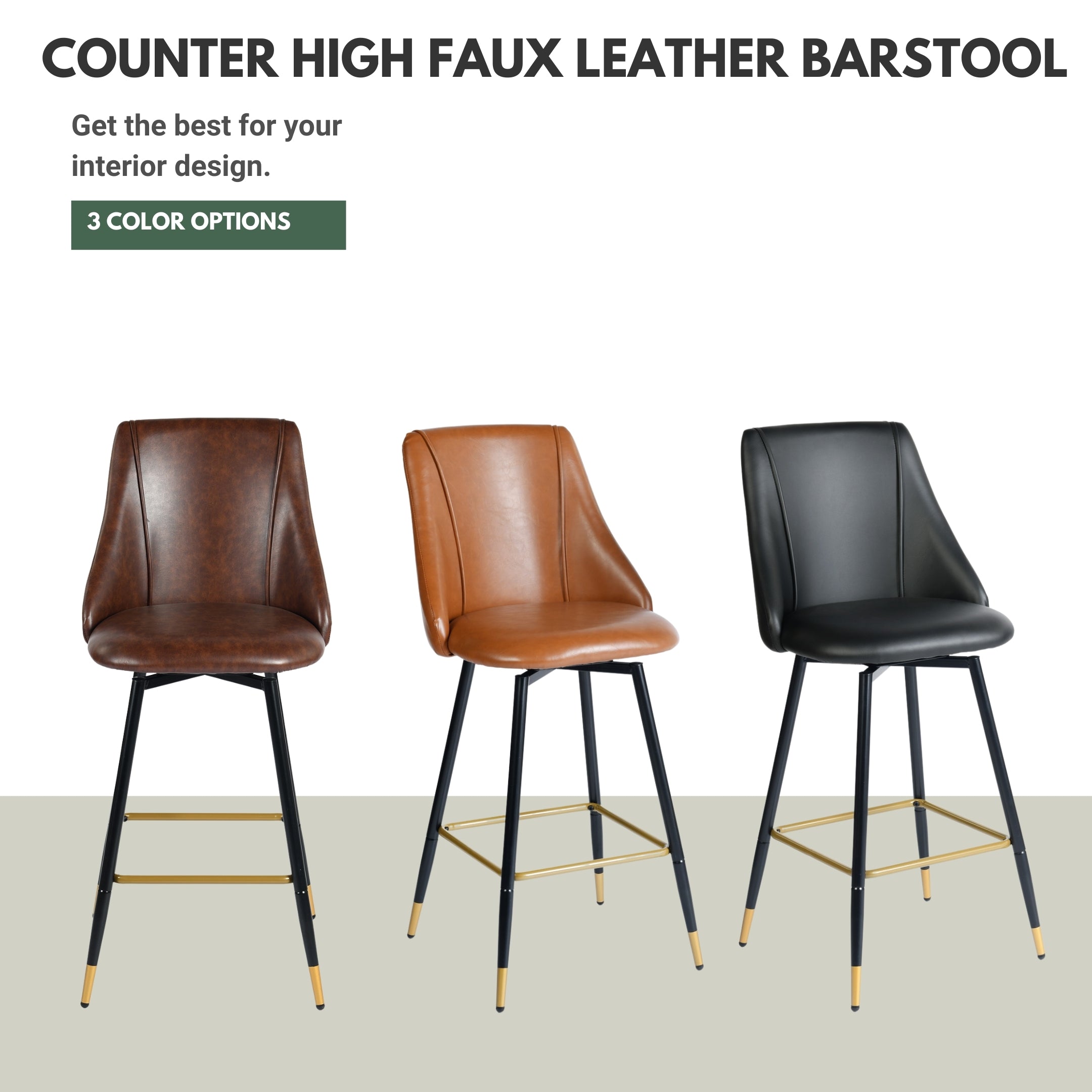 Homy Casa SMEG 2PC 27” Swivel Counter Barstool, Black PU Leather with Black & Gold Legs
