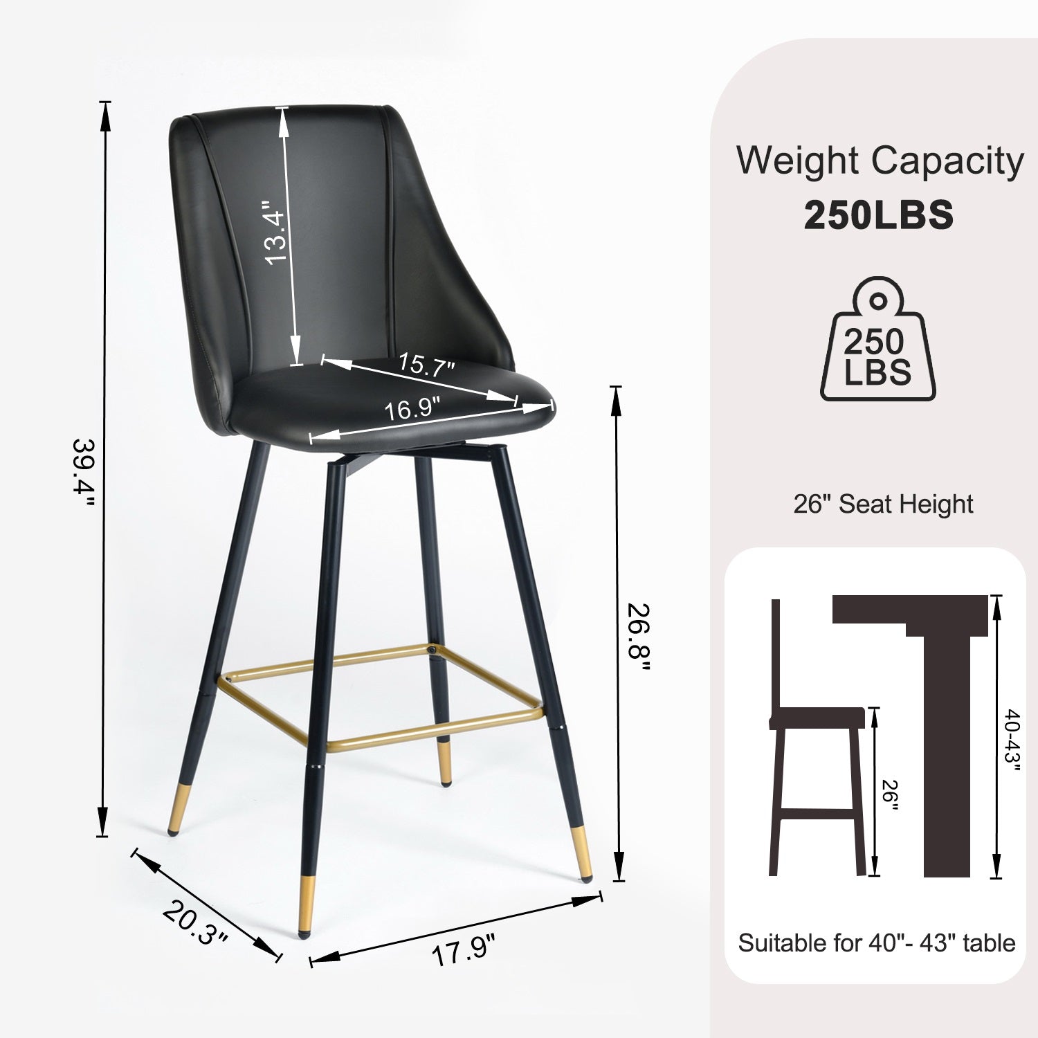 Homy Casa SMEG 2PC 27” Swivel Counter Barstool, Black PU Leather with Black & Gold Legs