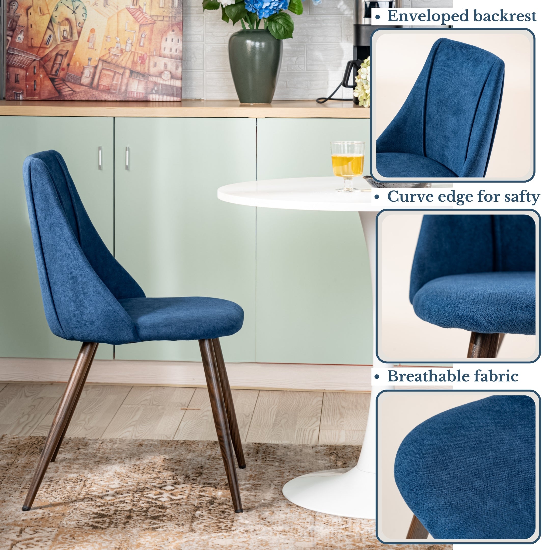 Homy Casa Clift 3PC Dining Set, 31.5” White Round Table with 2 SMEG High Back Upholstered Dining Chair Dark Blue