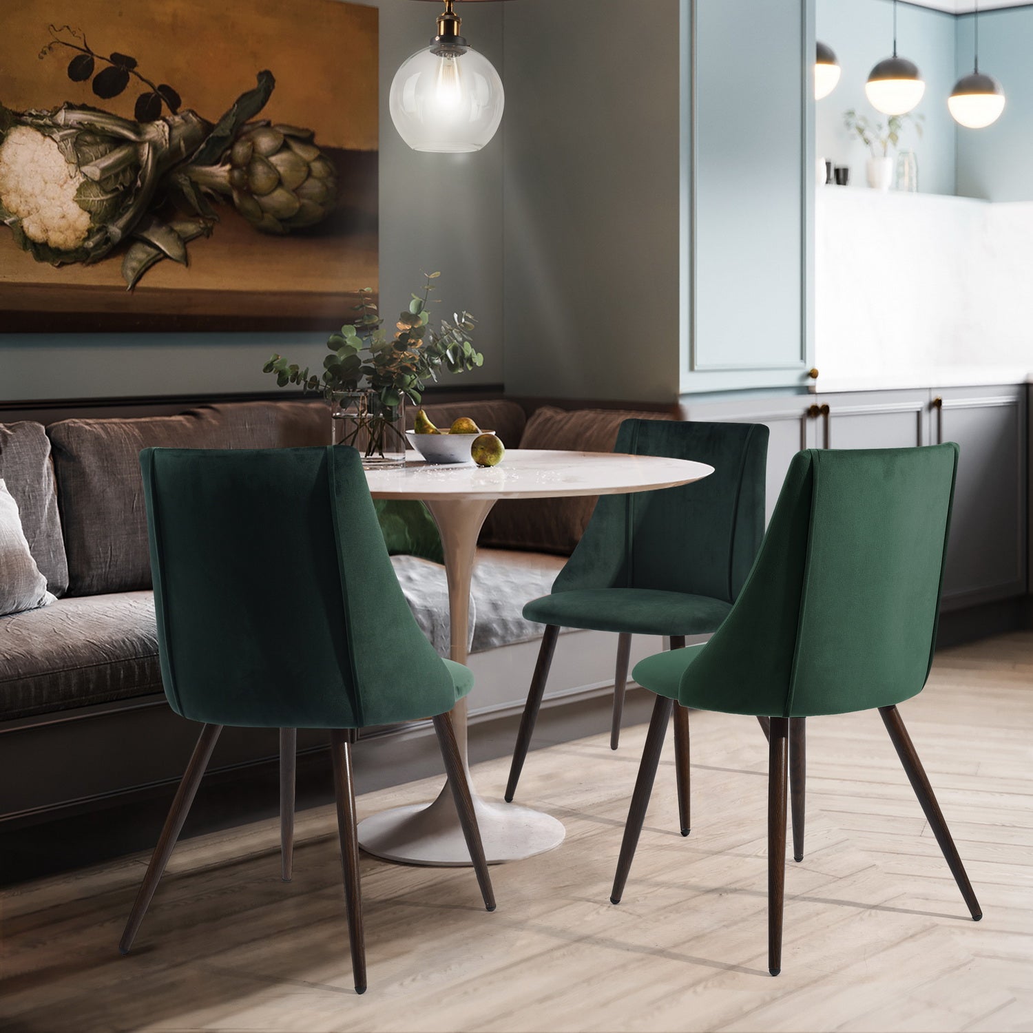 Homy Casa MICK 3PC Dining Set 47” Oval White Dining Table with 2 Smeg Dark Green Velvet Dining Chairs