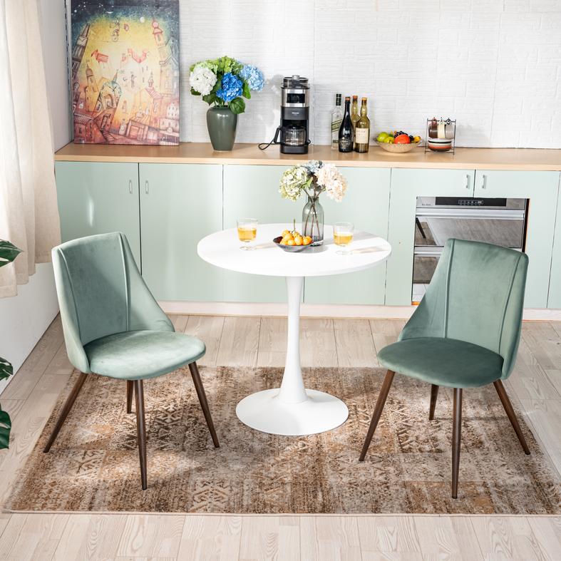 Homy Casa Clift 3PC Dining Set, 31.5” White Round Table with 2 SMEG High Back Upholstered Dining Chair in Velvet Cactus Green