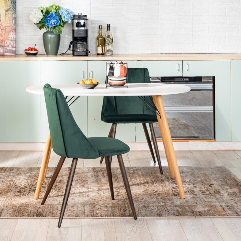 Homy Casa MICK 3PC Dining Set 47” Oval White Dining Table with 2 Smeg Dark Green Velvet Dining Chairs