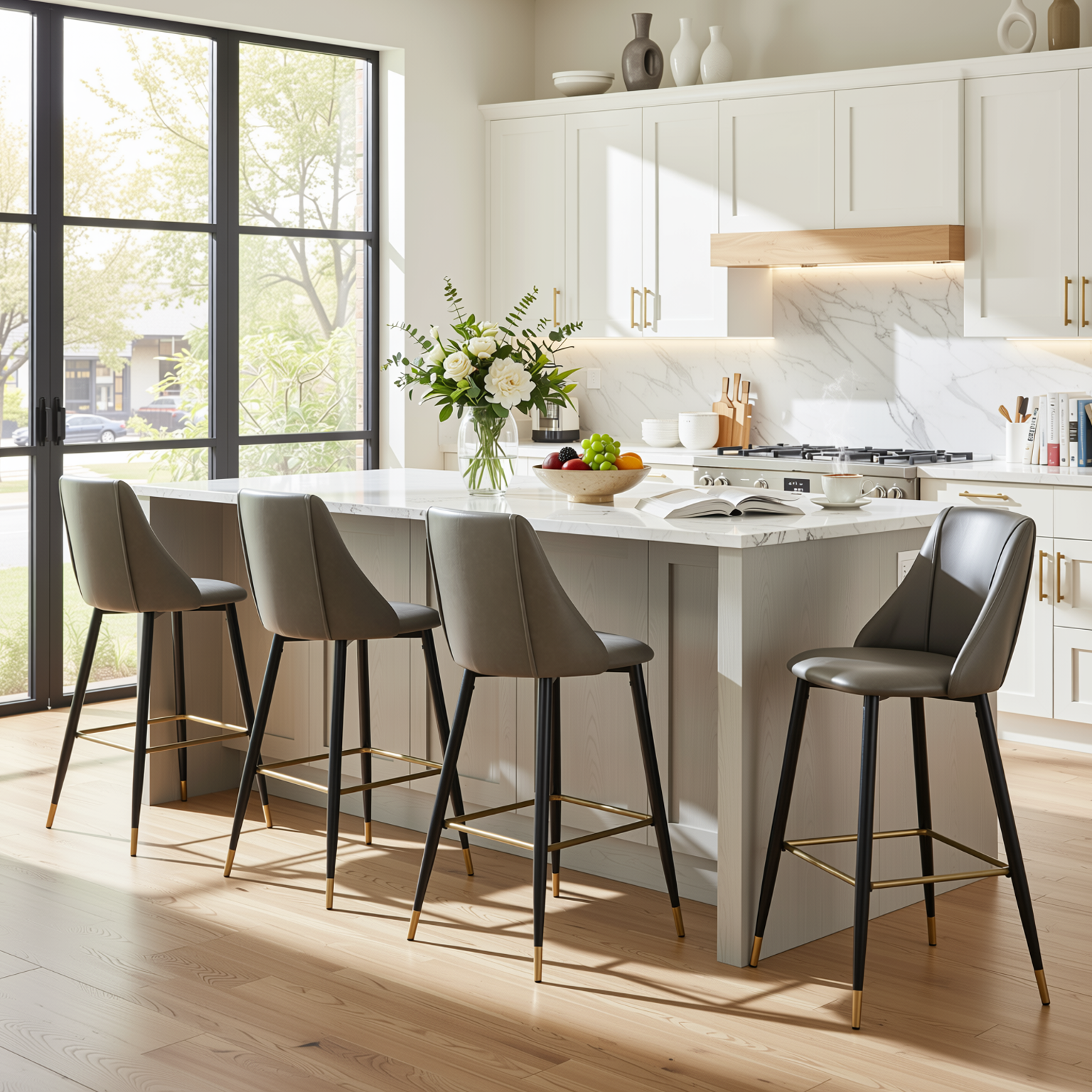 Homy Casa SMEG 4PC Bar Stool Set 41.1" Counter Height PU Upholstered Bar Chairs with Black and Gold Legs in Gray Open Box