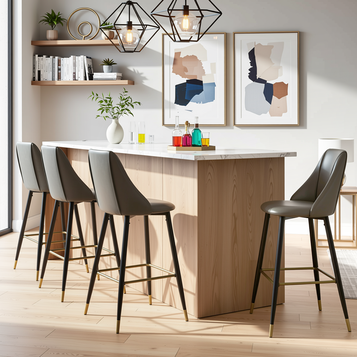 Homy Casa SMEG 4PC 25" Gray PU Leather Counter Height Bar Stools with Black & Gold Legs Open Box