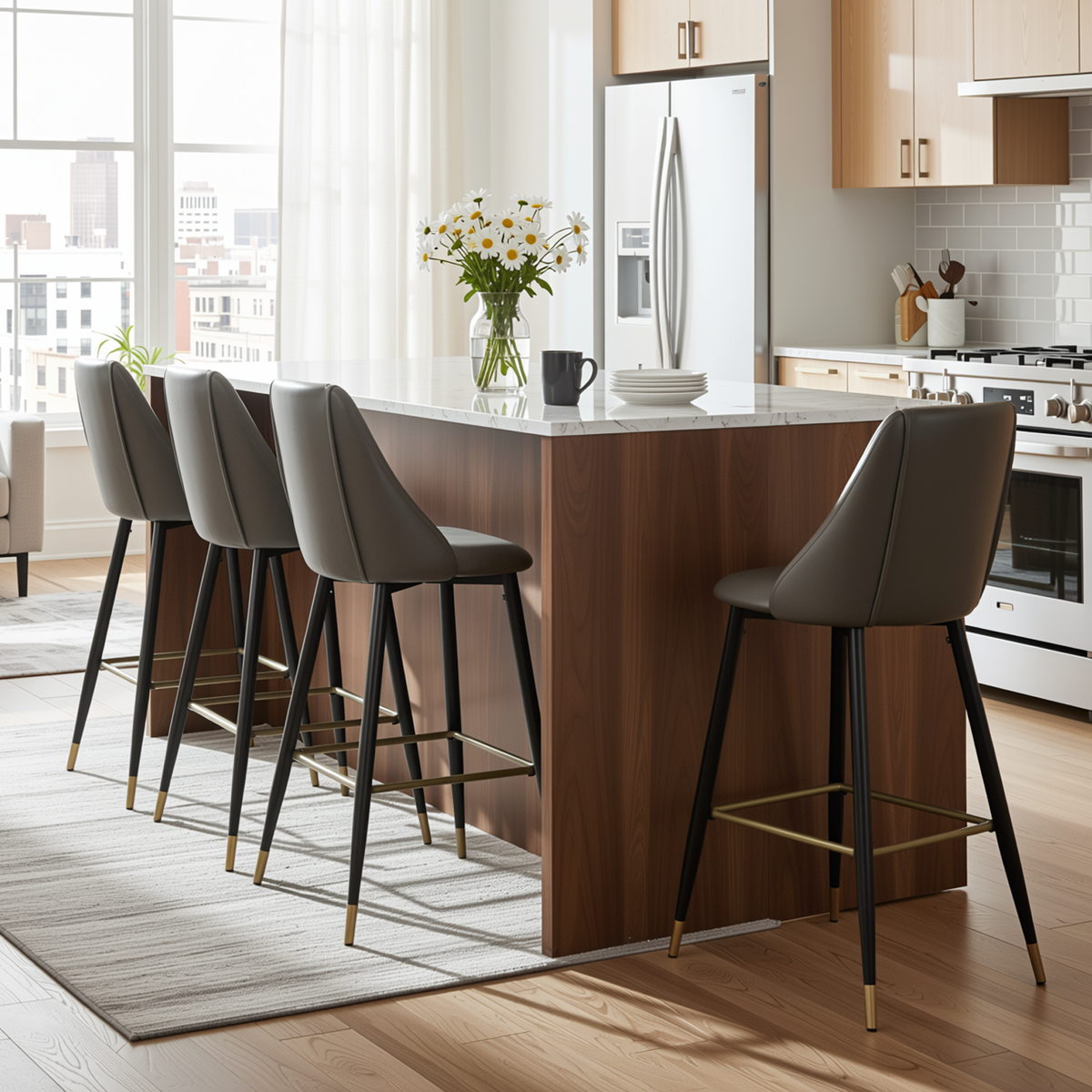 Homy Casa SMEG 4PC 25" Gray PU Leather Counter Height Bar Stools with Black & Gold Legs Open Box
