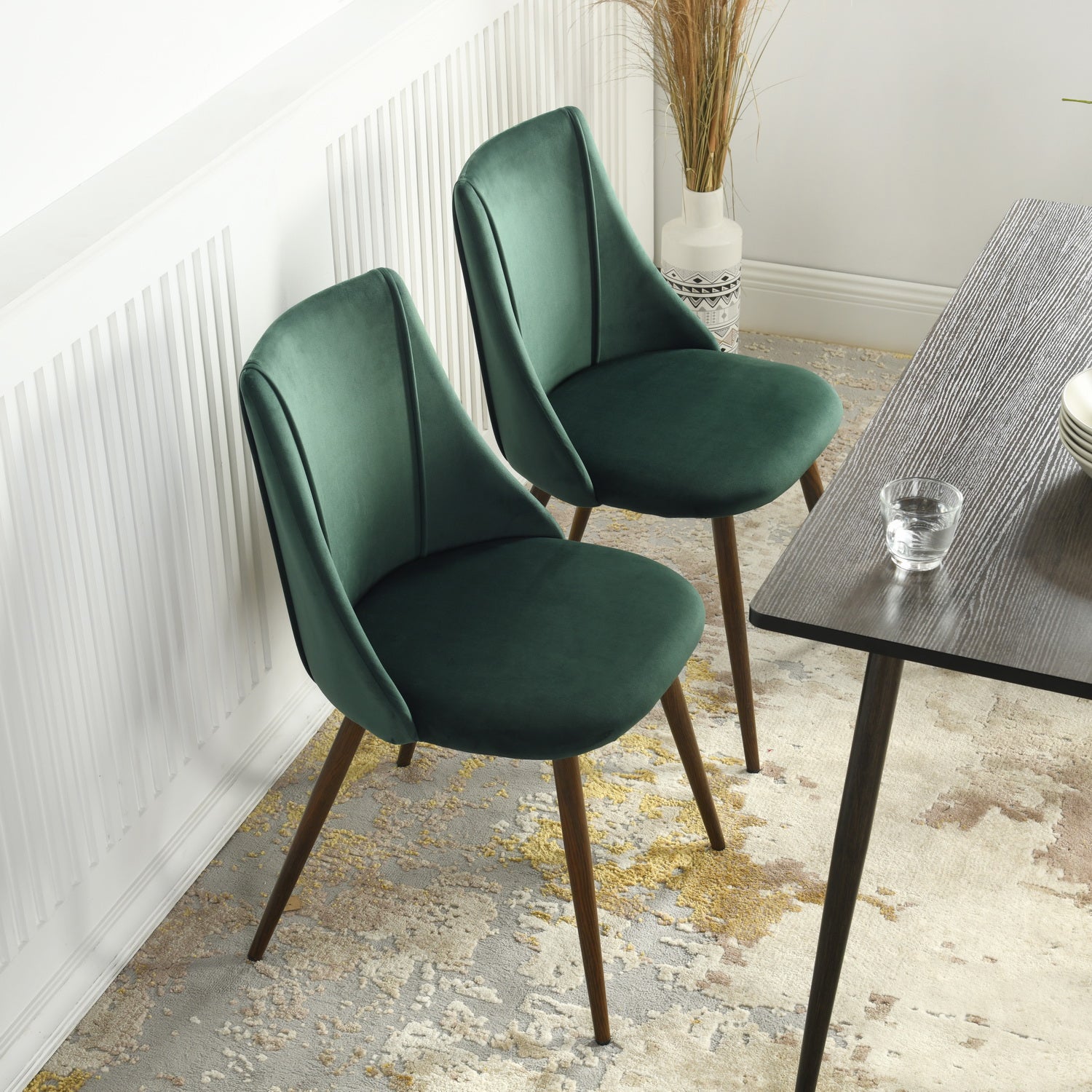 Homy Casa Rosa 5PC Dining Set 47" Walnut Table with 4 Smeg Dark Green Velvet Chairs Mid Century Style
