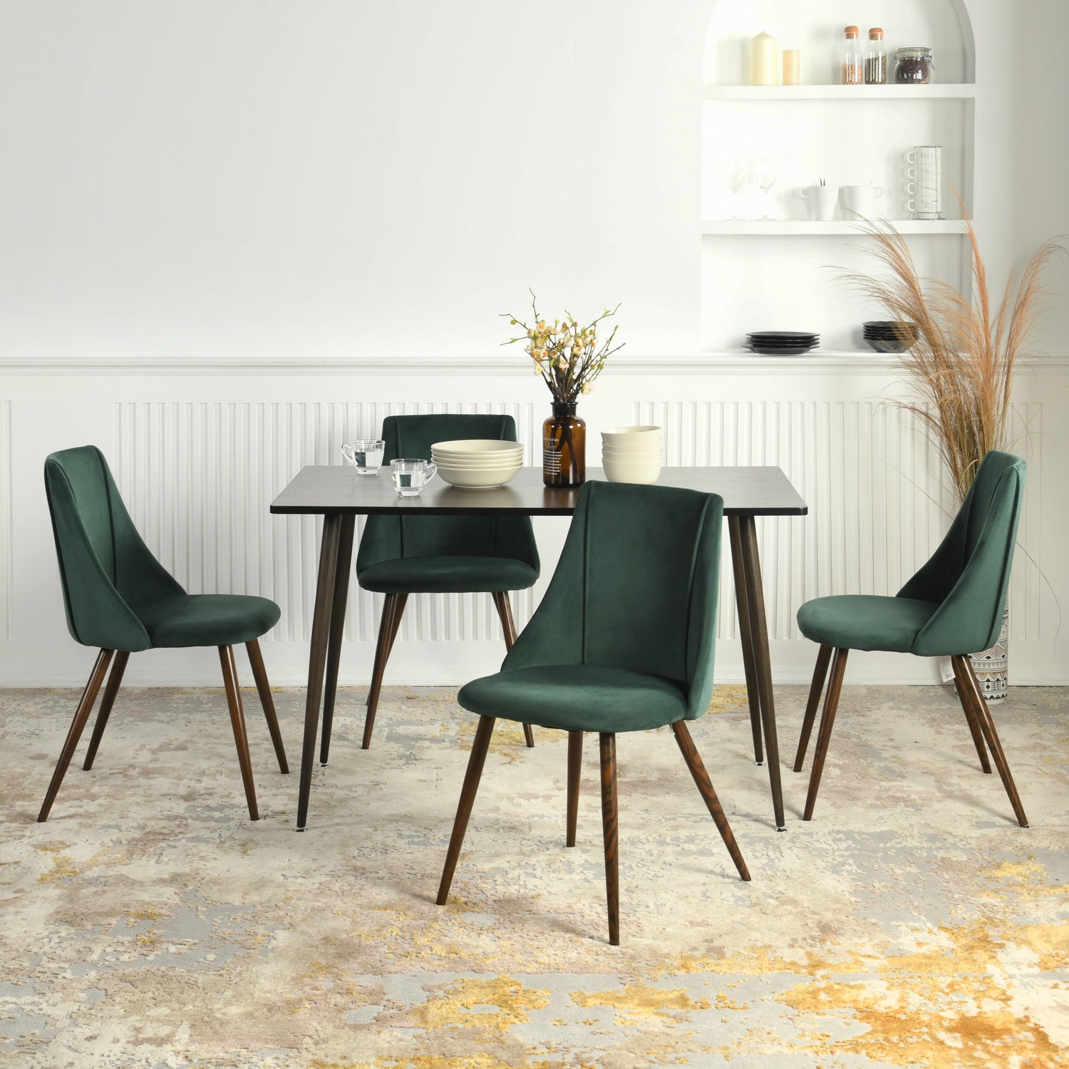 Homy Casa Rosa 5PC Dining Set 47" Walnut Table with 4 Smeg Dark Green Velvet Chairs Mid Century Style