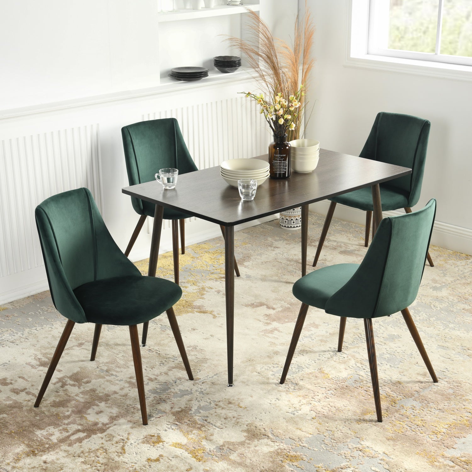 Homy Casa Rosa 5PC Dining Set 47" Walnut Table with 4 Smeg Dark Green Velvet Chairs Mid Century Style