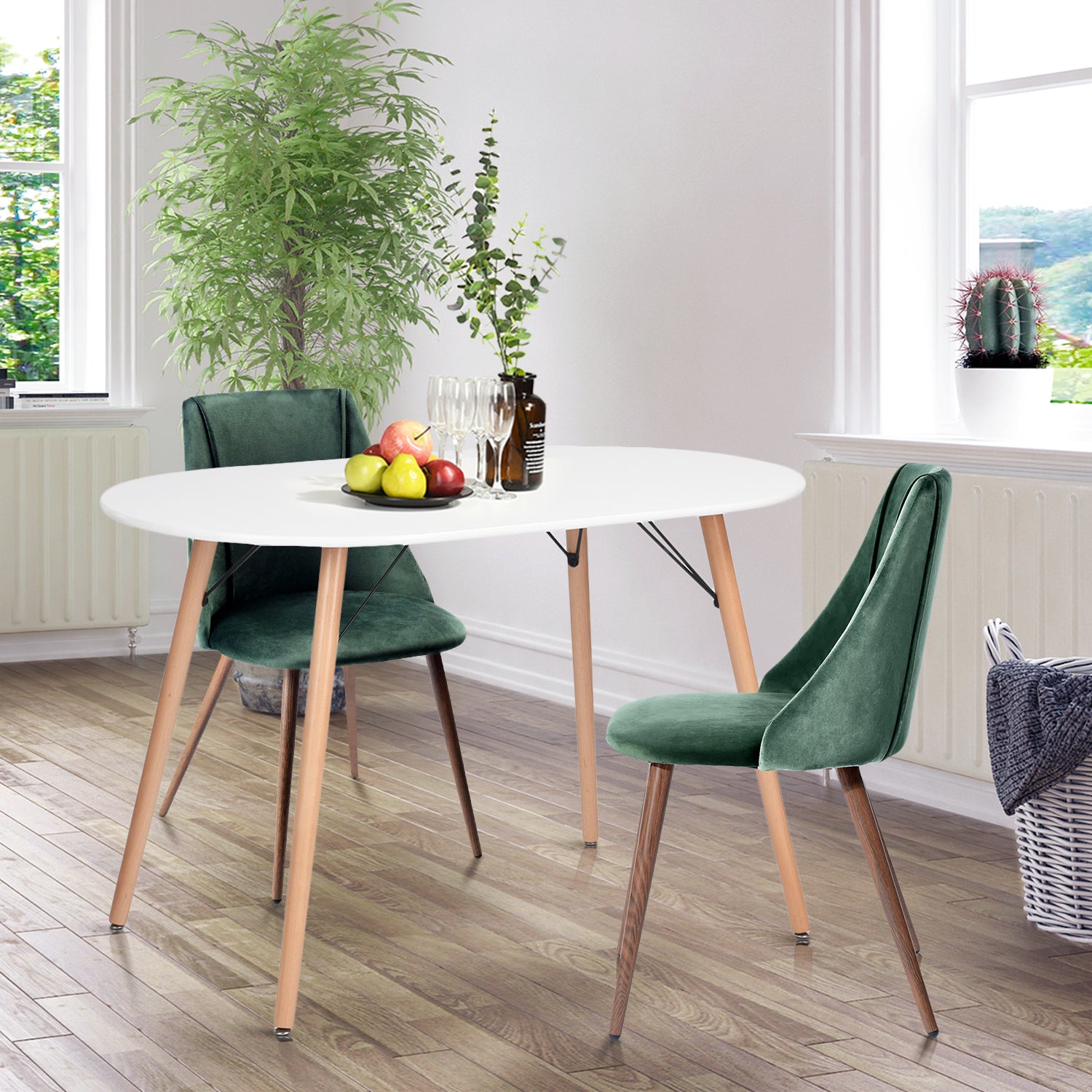 Homy Casa MICK 3PC Dining Set 47” Oval White Dining Table with 2 Smeg Dark Green Velvet Dining Chairs
