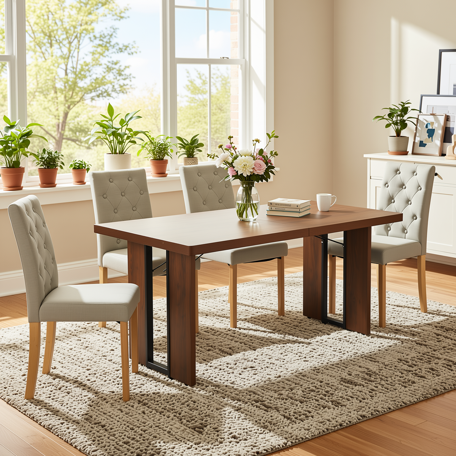 Homy Casa SORIAN+DOURO 5PC Dining Set 63" Table with 4 Beige Fabric Dining Chairs