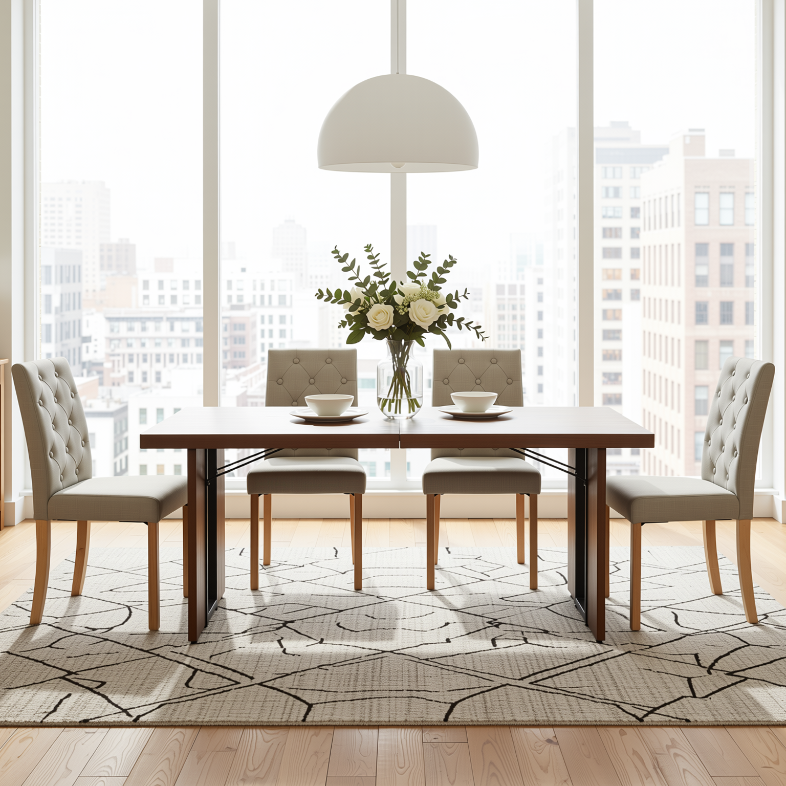 Homy Casa SORIAN+DOURO 5PC Dining Set 63" Table with 4 Beige Fabric Dining Chairs