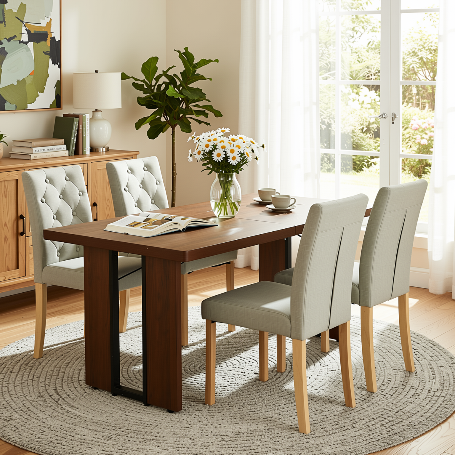 Homy Casa SORIAN+DOURO 5PC Dining Set 63" Table with 4 Beige Fabric Dining Chairs