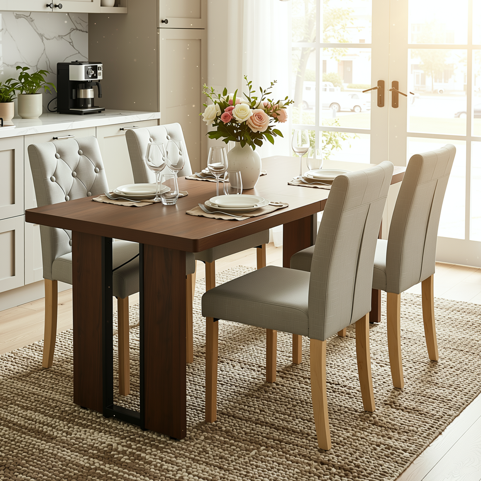 Homy Casa SORIAN+DOURO 5PC Dining Set 63" Table with 4 Beige Fabric Dining Chairs