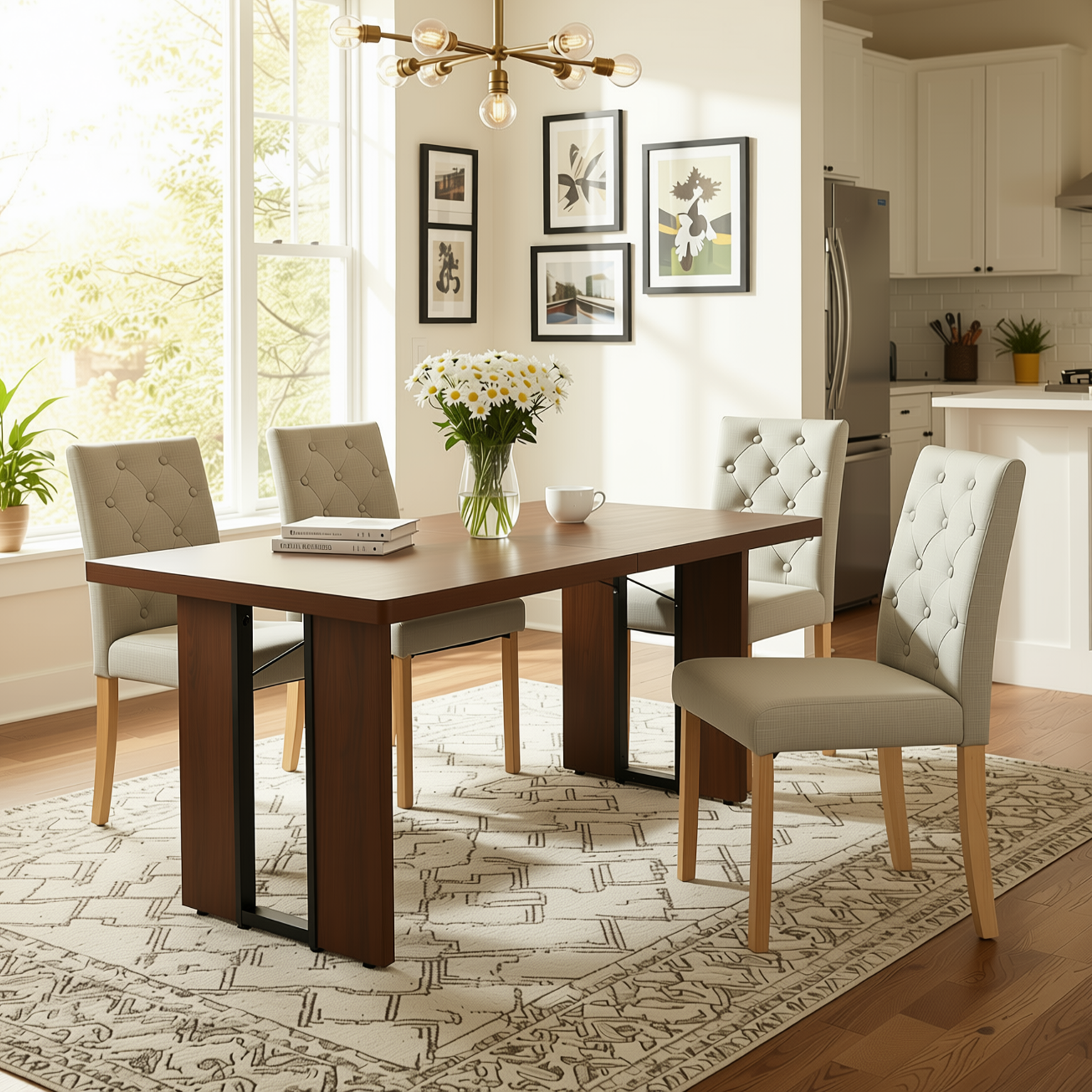 Homy Casa SORIAN+DOURO 5PC Dining Set 63" Table with 4 Beige Fabric Dining Chairs