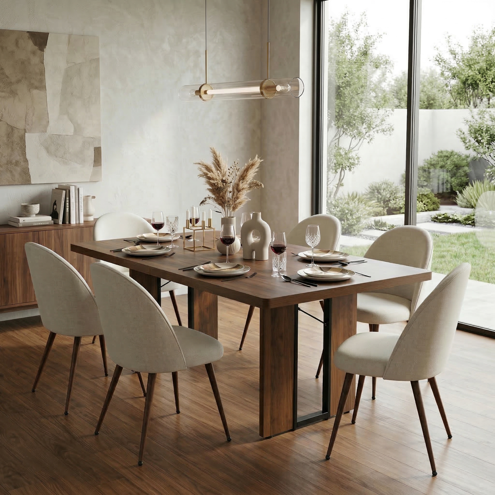 Homy Casa SORIAN 7PC Industrial Dining Set 63” Vintage Brown Table with 6 Haven High Back Dining Chairs in Beige