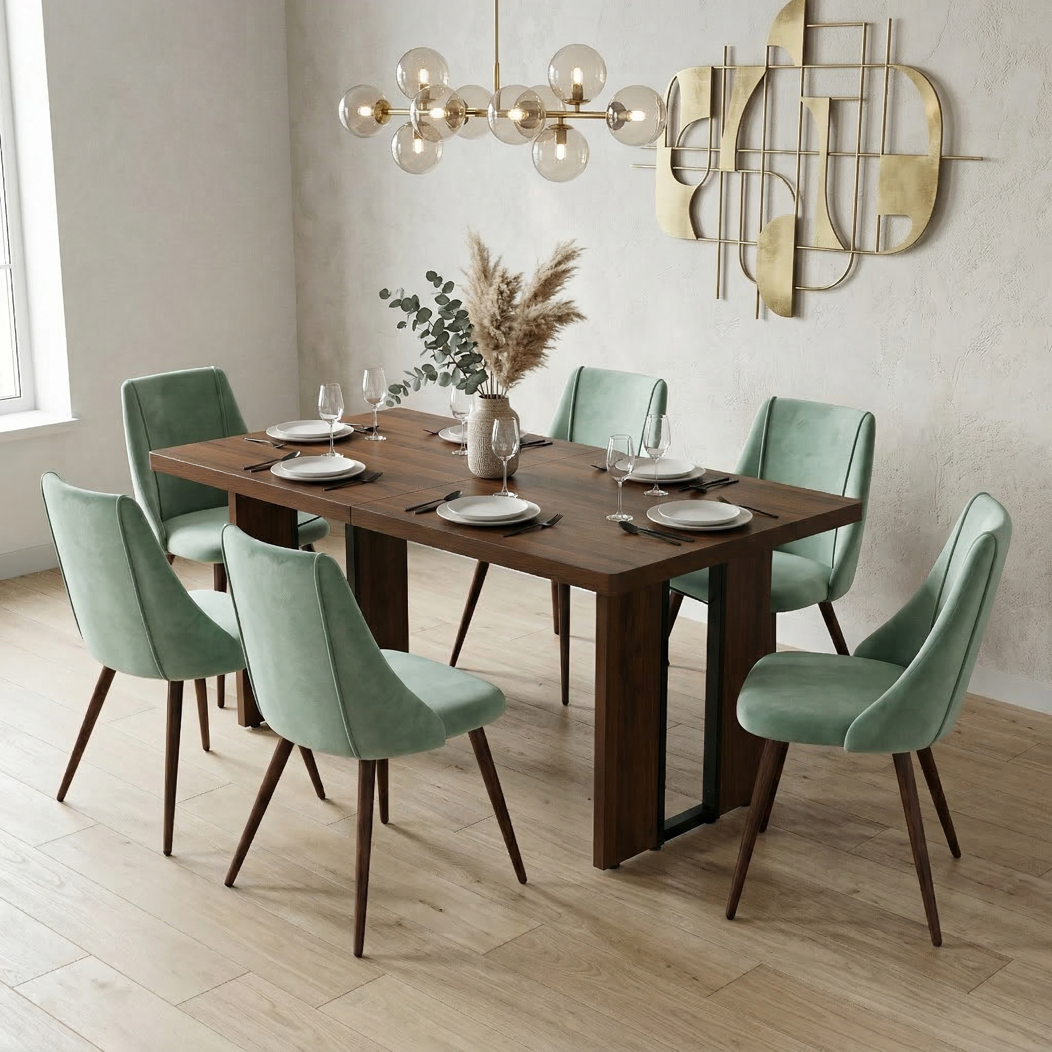 Homy Casa Sorian 7PC Dining Set 63” Vintage Brown Table with 6 Smeg Cactus Light Green Upholstered Chairs