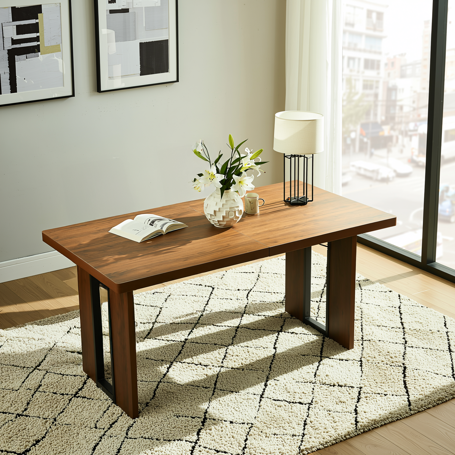 Homy Casa SORIAN 7PC Industrial Dining Set 63” Vintage Brown Table with 6 Haven High Back Dining Chairs in Beige