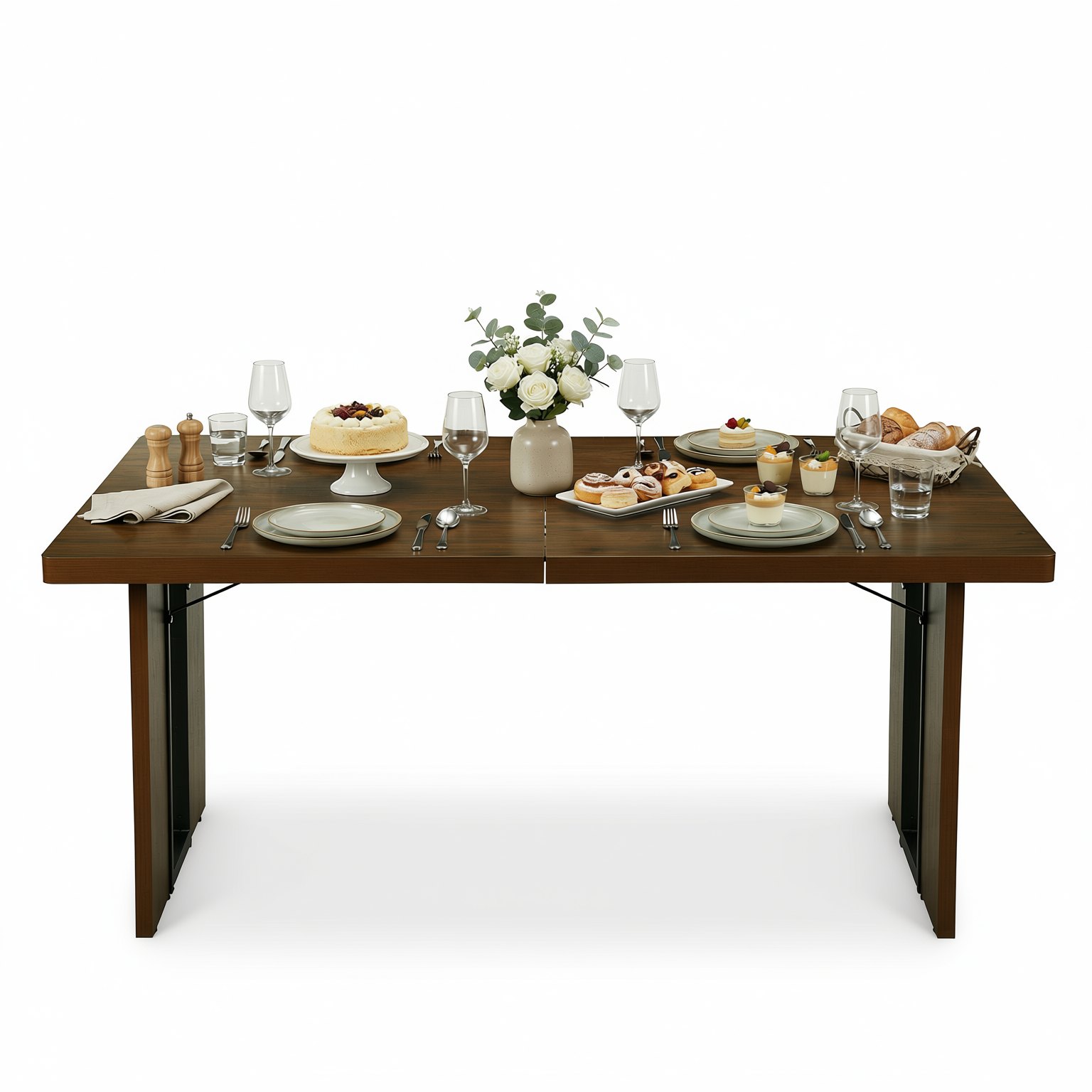 Homy Casa Sorian 7PC Dining Set 63” Vintage Brown Table with 6 Mayfair Beige Fabric Upholstered Chairs