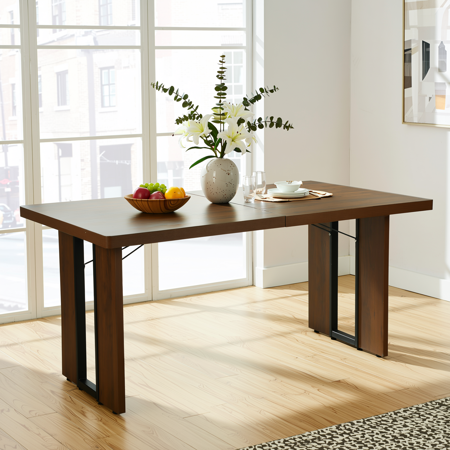 Homy Casa SORIAN 7PC Industrial Dining Set 63” Vintage Brown Table with 6 Haven High Back Dining Chairs in Beige