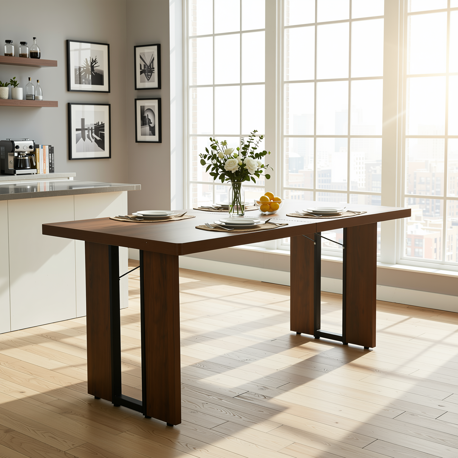 Homy Casa SORIAN 7PC Industrial Dining Set 63” Vintage Brown Table with 6 Haven High Back Dining Chairs in Beige