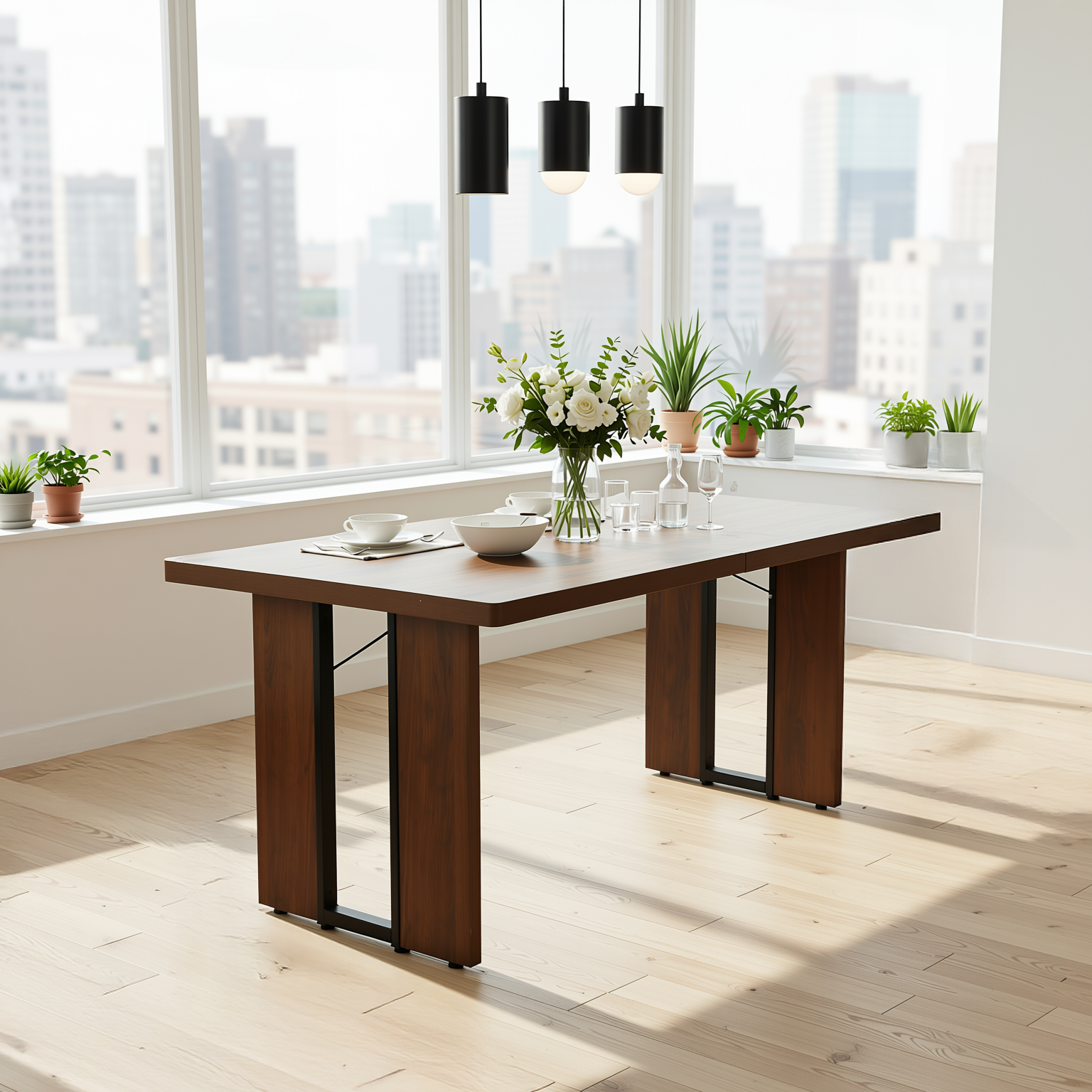 Homy Casa Sorian 7PC Dining Set 63” Vintage Brown Table with 6 Smeg Cactus Light Green Upholstered Chairs