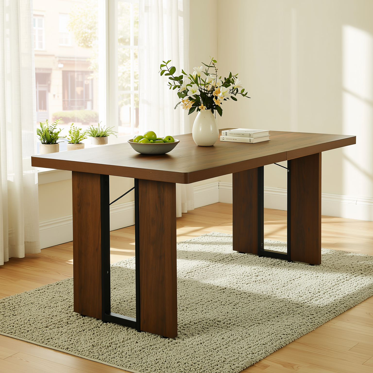 Homy Casa SORIAN 7PC Industrial Dining Set 63” Vintage Brown Table with 6 Haven High Back Dining Chairs in Beige