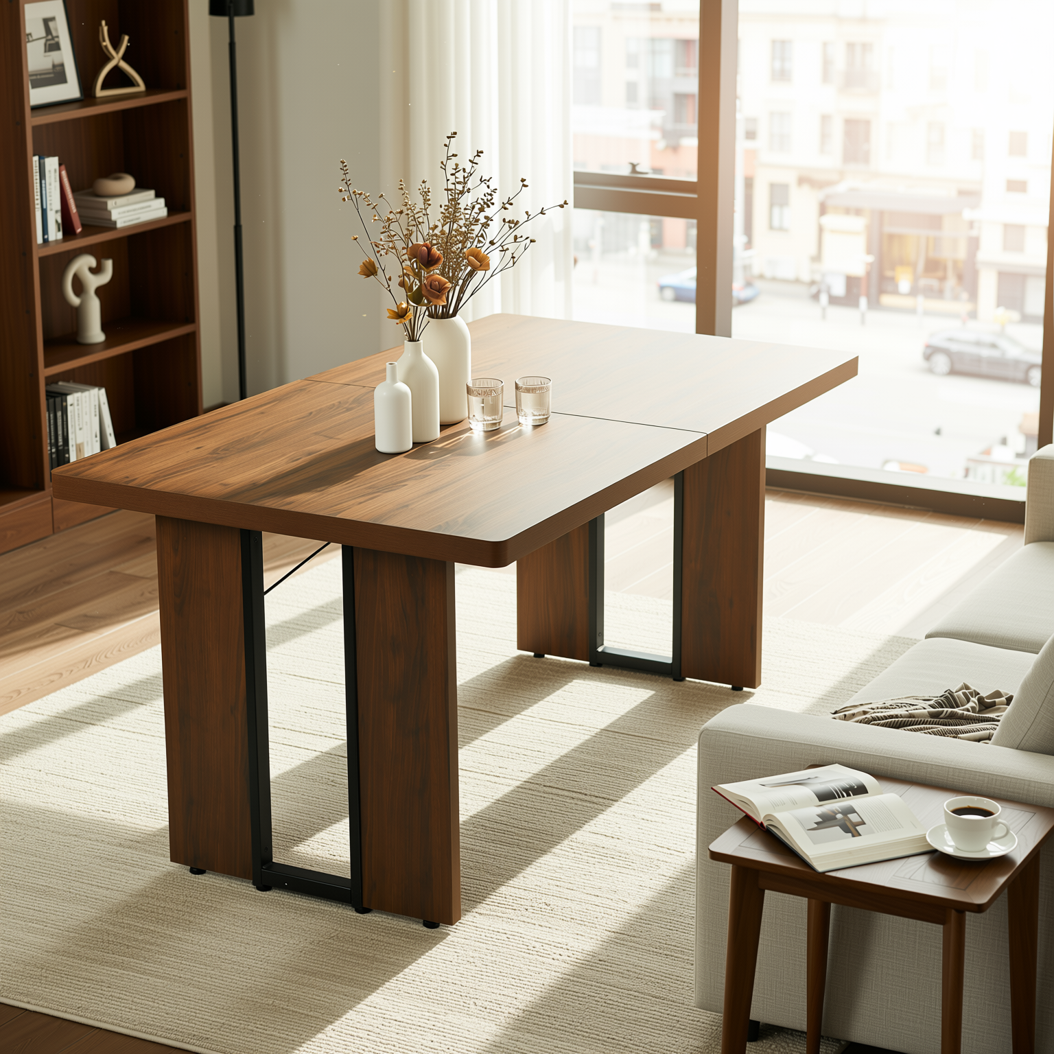 Homy Casa SORIAN 7PC Industrial Dining Set 63” Vintage Brown Table with 6 Haven High Back Dining Chairs in Beige