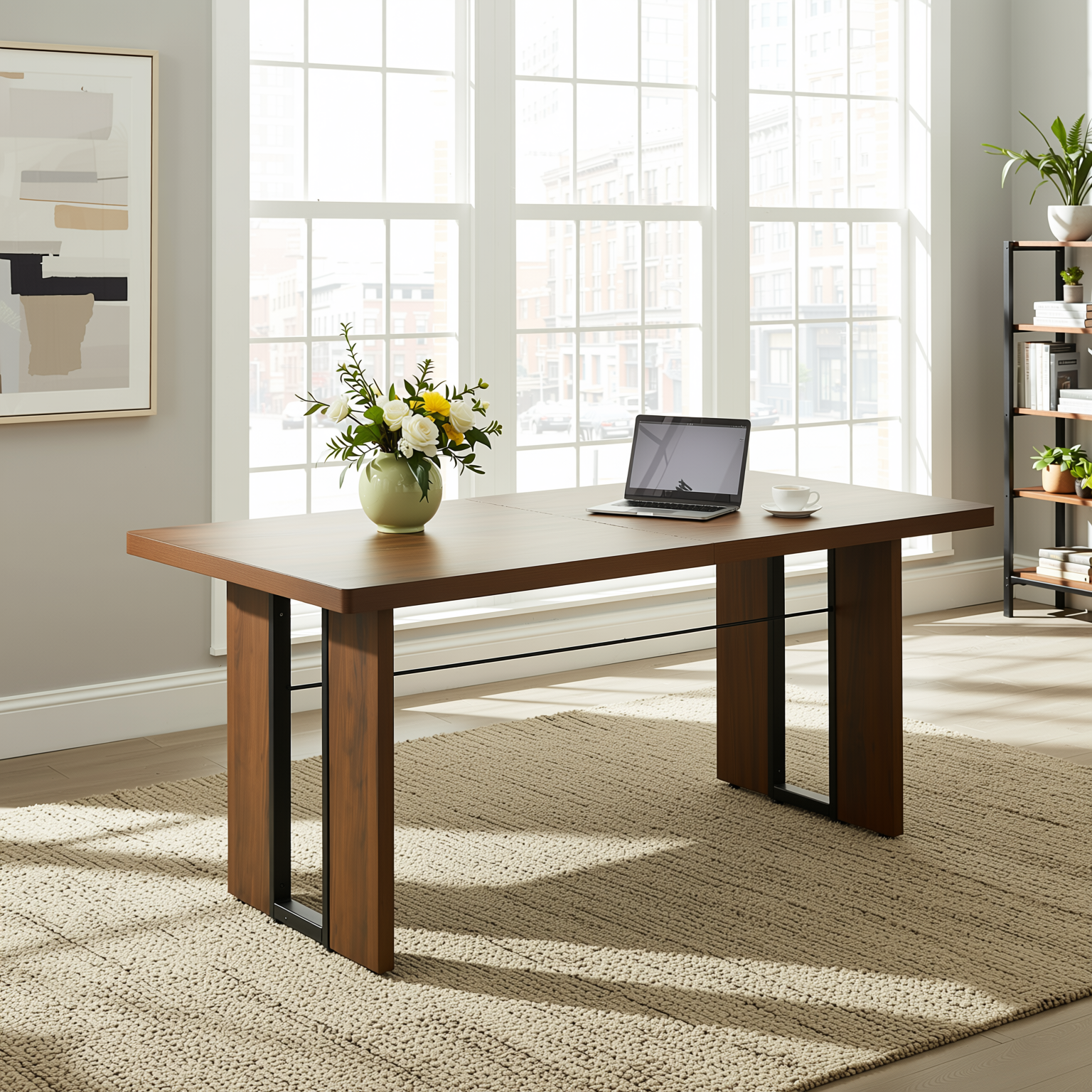 Homy Casa SORIAN 7PC Industrial Dining Set 63” Vintage Brown Table with 6 Haven High Back Dining Chairs in Beige