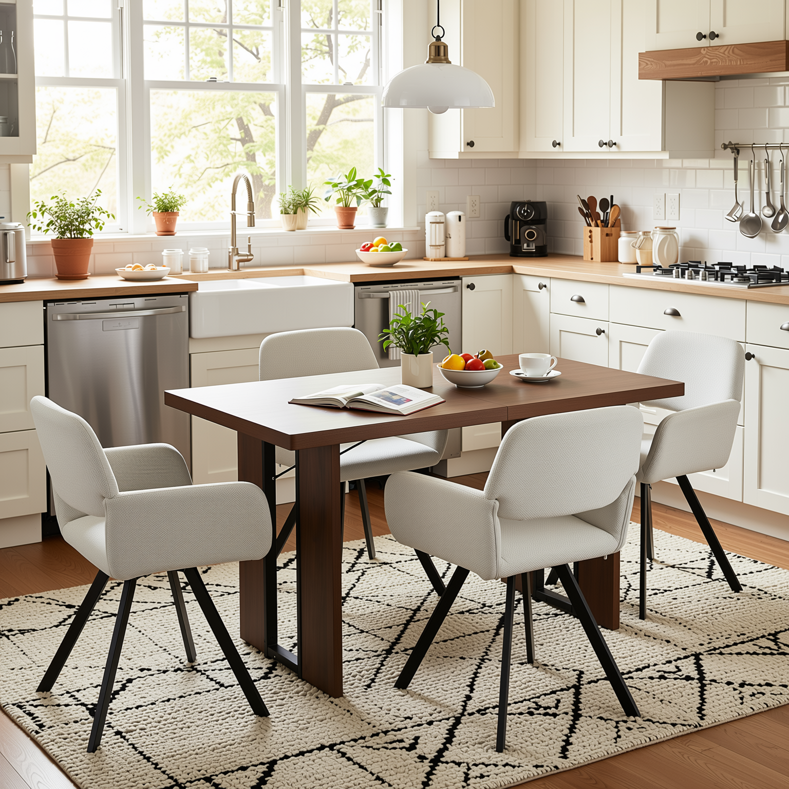 Homy Casa Sorian+California 5PC Dining Set 63" Rectangular Table with Beige Swivel Upholstered Chairs