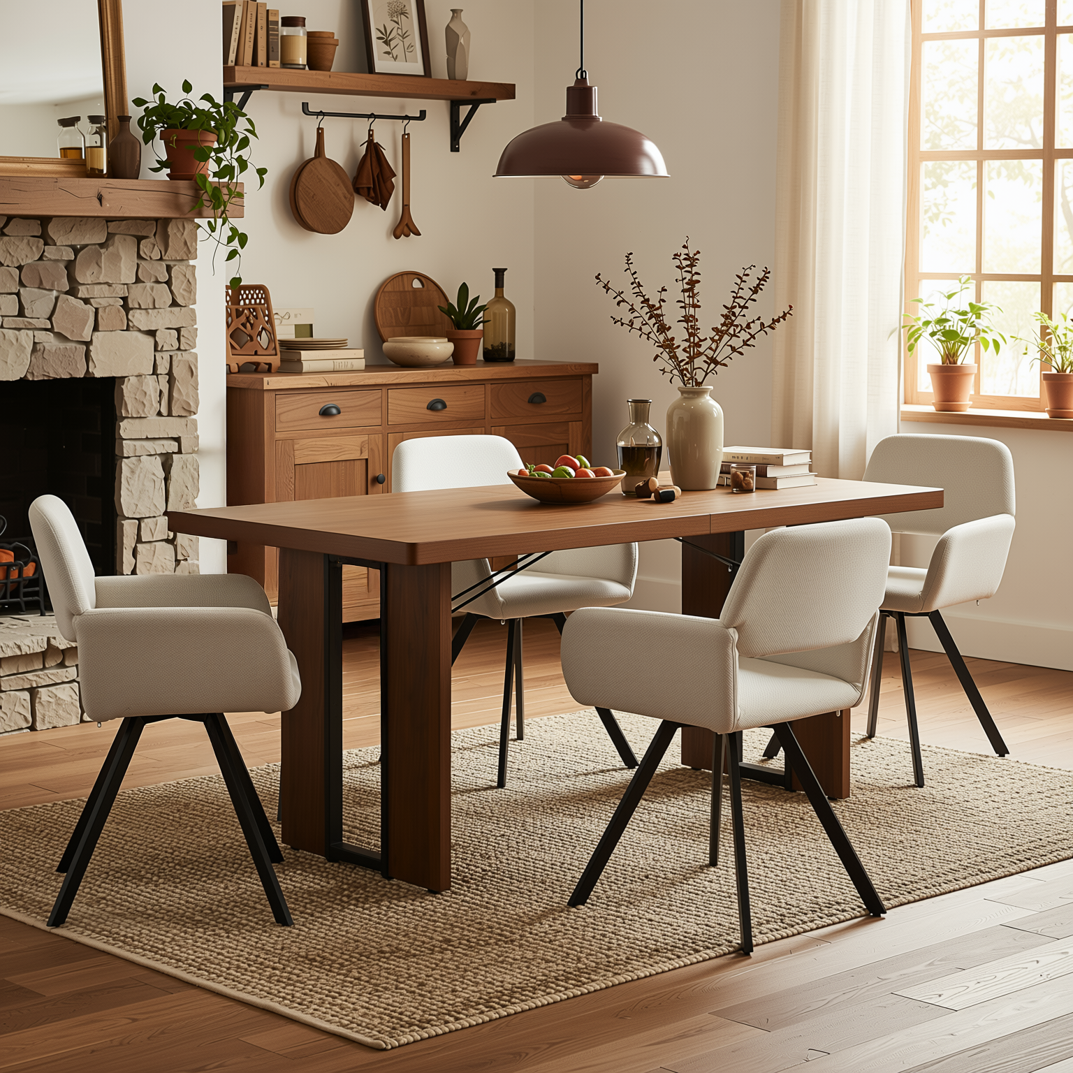 Homy Casa Sorian+California 5PC Dining Set 63" Rectangular Table with Beige Swivel Upholstered Chairs