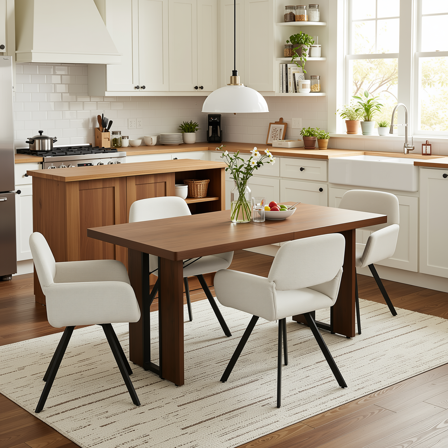 Homy Casa Sorian+California 5PC Dining Set 63" Rectangular Table with Beige Swivel Upholstered Chairs