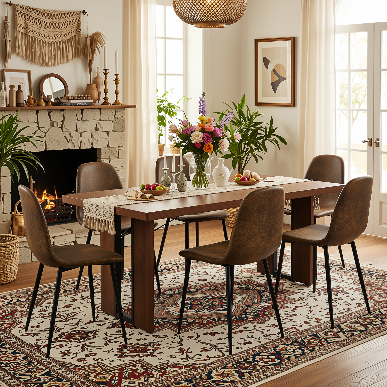 Homy Casa SORIAN+CHARLTON 7PC Dining Set 63" Table with 6 Suede Upholstered Chairs in Brown and Wood Finish