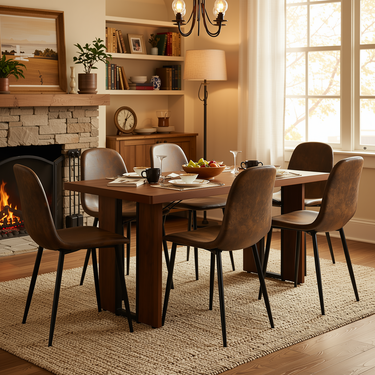 Homy Casa SORIAN+CHARLTON 7PC Dining Set 63" Table with 6 Suede Upholstered Chairs in Brown and Wood Finish