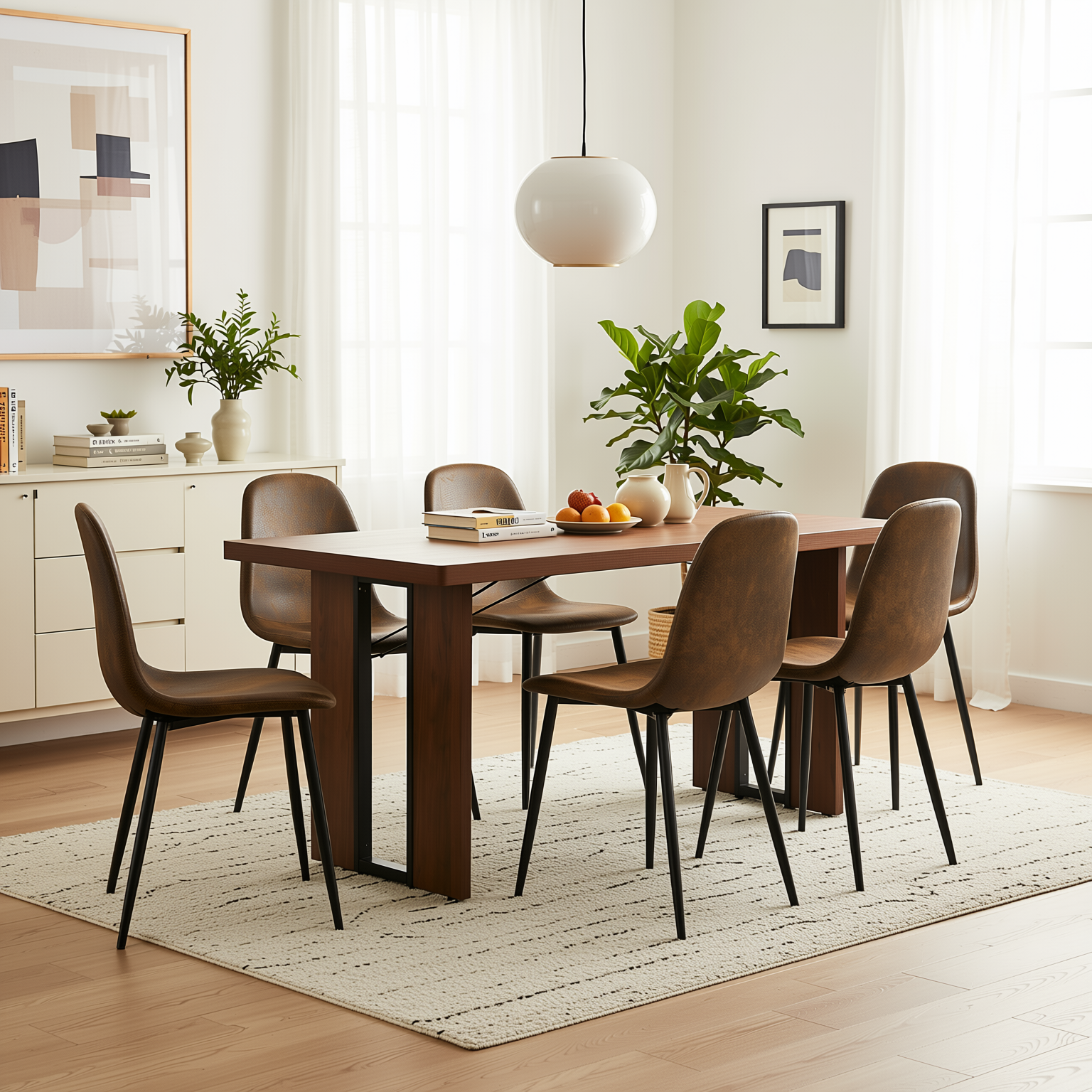 Homy Casa SORIAN+CHARLTON 7PC Dining Set 63" Table with 6 Suede Upholstered Chairs in Brown and Wood Finish