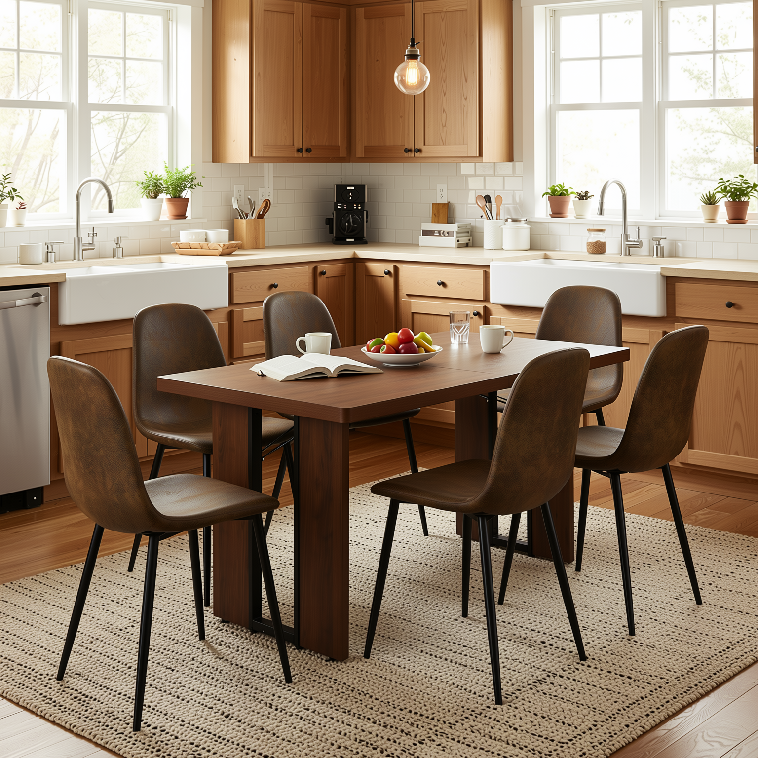 Homy Casa SORIAN+CHARLTON 7PC Dining Set 63" Table with 6 Suede Upholstered Chairs in Brown and Wood Finish