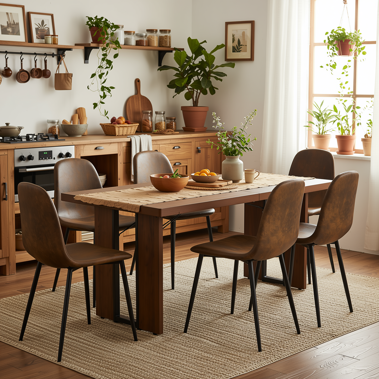 Homy Casa SORIAN+CHARLTON 7PC Dining Set 63" Table with 6 Suede Upholstered Chairs in Brown and Wood Finish